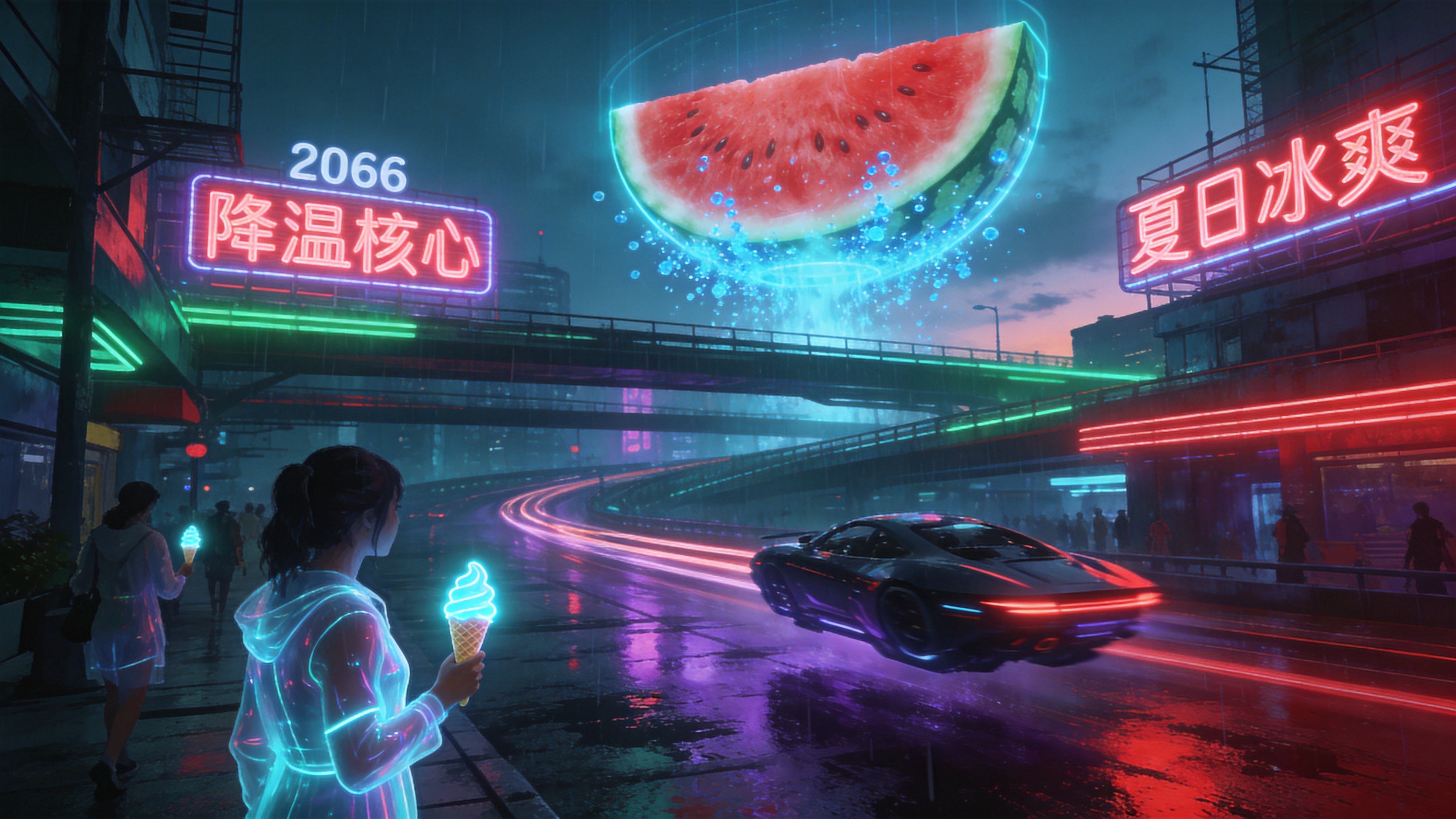 场景设定在2066年的未来都市，正值酷暑的傍晚。一座巨大的全息投影西瓜漂浮在半空中，瓜瓤鲜红欲滴，作为城市的“降温核心”，向四周散发着蓝色的冷气粒子。街道是多层立体结构，霓虹灯牌闪烁着“夏日冰爽”的字样。街道上行驶着流线型的悬浮飞车，车灯拉出长长的光轨。路边的行人们穿着轻薄的未来感发光面料服饰，手中拿着发光的虚拟冰淇淋。雨水刚刚停歇，湿漉漉的地面反射着赛博朋克风格的紫红色与青色灯光，整个画面充满了科技感与夏日躁动后的清凉。

赛博朋克科幻概念艺术风格，强调强烈的冷暖对比色调（青色与洋红色）。体积光渲染，光影效果戏剧化，强调霓虹光晕和金属反光质感。构图具有透视感和纵深感，画面细节丰富，类似《银翼杀手2049》的电影美学，数字绘画风格。