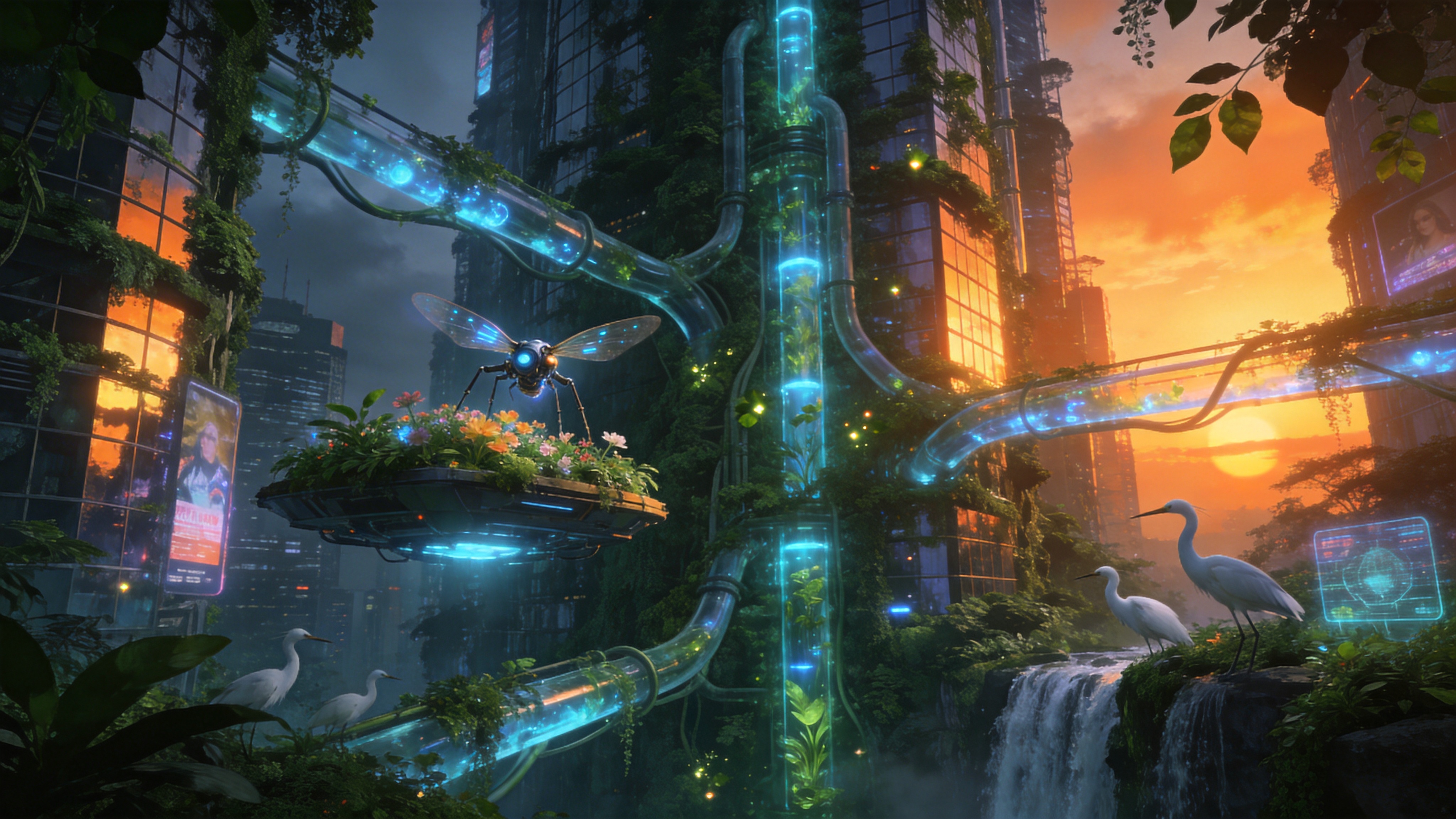 一座融合了未来科技与原始生态的垂直森林城市，设定在2026年的近未来。巨大的摩天大楼被茂密的绿色植物完全覆盖，形成了一座座参天的空中花园。无数条透明的水管像血管一样穿梭在建筑之间，输送着发光的蓝色营养液。在半空中的悬浮平台上，几只机械蜂鸟正在采集电子花粉，而真正的白鹭则在人造瀑布旁栖息。夕阳西下，金色的余晖洒在玻璃幕墙和绿叶上，整个城市呈现出一种赛博朋克与自然和谐共生的壮丽景象，细节处可见全息投影广告在树叶间闪烁。

概念艺术与科幻插画风格，宽幅电影级构图。采用冷暖色调对比，暖橙色的夕阳与冷青色的霓虹灯光交织。材质强调金属质感、玻璃反光和植物的有机纹理。光影戏剧化，体积感强，具有史诗般的宏大叙事感，视觉风格类似《银翼杀手2049》与《阿凡达》的结合体。