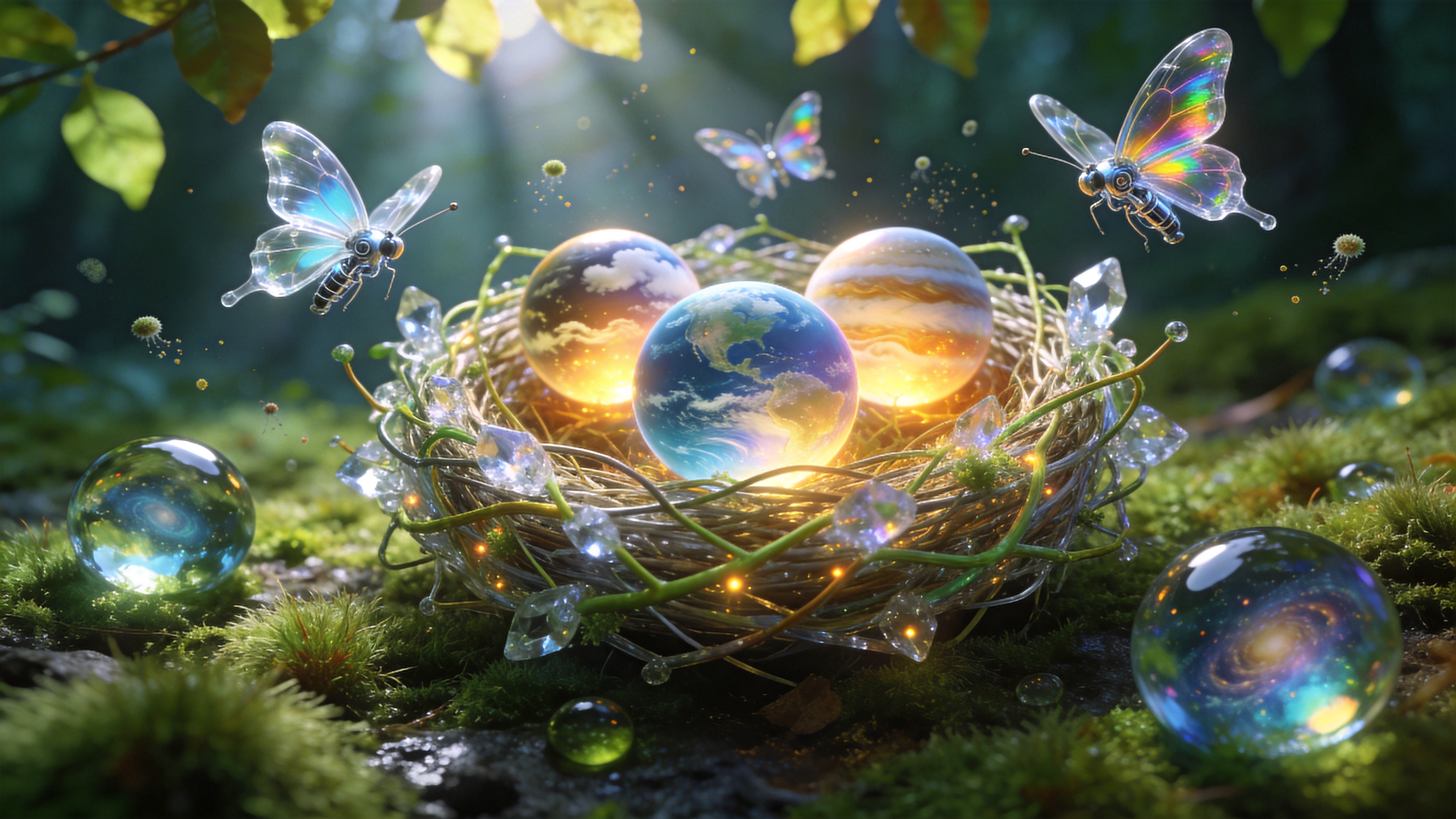 一个超现实的微观世界场景，背景是 2026 年春季森林地表的一块湿润苔藓，充满了春天的活力。主体是一个由透明的水晶和发光的植物脉络构成的精致鸟巢，巢中不是普通的鸟蛋，而是三颗悬浮的、散发着温暖光芒的微型星球，星球表面可以看到云层和海洋的流动。几只半透明的机械蝴蝶正围绕着这些星球飞舞，翅膀上折射着彩虹般的光泽。周围散落着巨大的露珠，露珠内部倒映着整个奇异的微观宇宙。光线从顶部的树叶缝隙中洒下，形成丁达尔效应，照亮了漂浮的孢子尘埃，充满了神秘与奇幻的生命力。

3D 概念艺术与微距摄影风格，具有极高的清晰度和细节表现力。采用电影级的布光，强调体积光和焦外虚化效果，材质追求极致的物理渲染，如水晶的折射率、苔藓的绒毛感、金属的光泽。色彩鲜艳而丰富，以荧光绿、宝石蓝和琥珀金为主色调，对比强烈，营造出一种既真实又完全脱离现实的科幻奇幻美学，具有强烈的视觉冲击力和探索感。