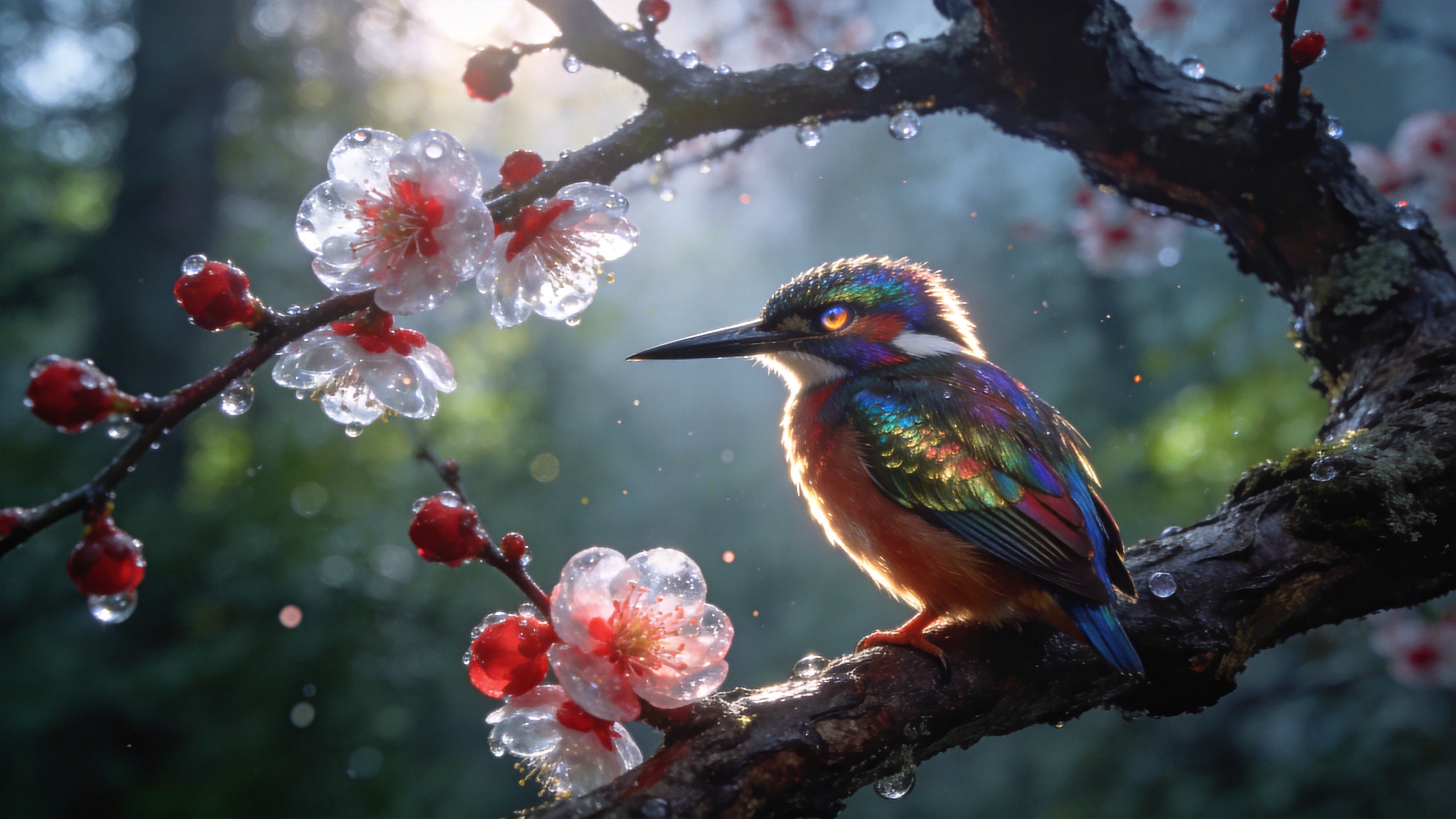 早春的清晨，阳光透过薄雾洒在一片刚刚苏醒的森林里。前景是一株古老的梅花树，枝干苍劲有力，上面挂满了晶莹剔透的露珠和几朵盛开的红梅，花瓣呈现出半透明的质感。一只色彩斑斓的翠鸟正停在树枝上，羽毛闪烁着金属般的光泽，眼神锐利地注视着前方。背景是虚化的绿色林间光影，空气中漂浮着细微的光尘，营造出一种万物复苏、生机勃勃的静谧感。

超写实微距摄影风格，使用85mm f/1.2大光圈镜头，景深极浅，焦平面清晰锐利。色彩还原真实自然，强调冷暖对比（红梅的暖色与森林的冷色调）。光线为柔和的侧逆光，勾勒出主体轮廓，增加立体感。画质具有8K分辨率，胶片颗粒感细腻，宛如国家地理杂志的高质量封面。