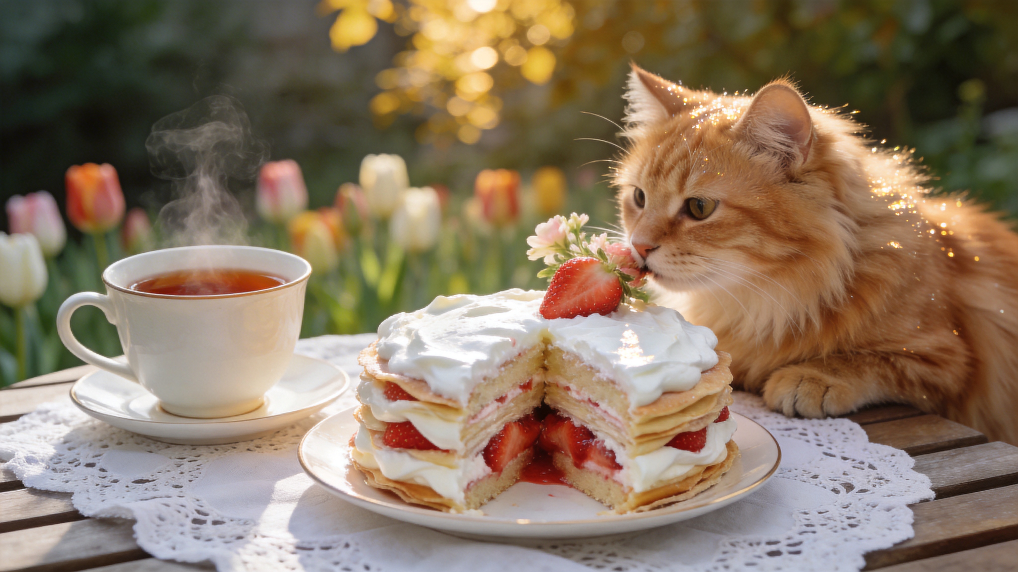 春分午后的慵懒时光，画面聚焦于一张铺着白色蕾丝桌布的露天木桌。桌上摆放着一杯冒着热气的伯爵红茶，旁边是一个刚刚切开的草莓千层蛋糕，奶油细腻如雪，鲜红的草莓汁微微渗出。一只毛茸茸的橘猫正趴在桌角，好奇地嗅着空气中弥漫的花香。背景是虚化的郁金香花田，金黄色的阳光穿过树叶的缝隙，斑驳地洒在蛋糕和猫的毛发上，空气中仿佛能闻到甜点与青草混合的香气。

高清微距美食摄影风格，模拟85mm f/1.8大光圈镜头效果。追求极致的真实感与质感，重点刻画奶油的绵密、草莓的鲜嫩多汁以及猫咪毛发的蓬松光泽。色调温暖明亮，采用日系小清新的低饱和度处理，光线为自然漫射光，营造出一种治愈、惬意、充满生活气息的高级感。