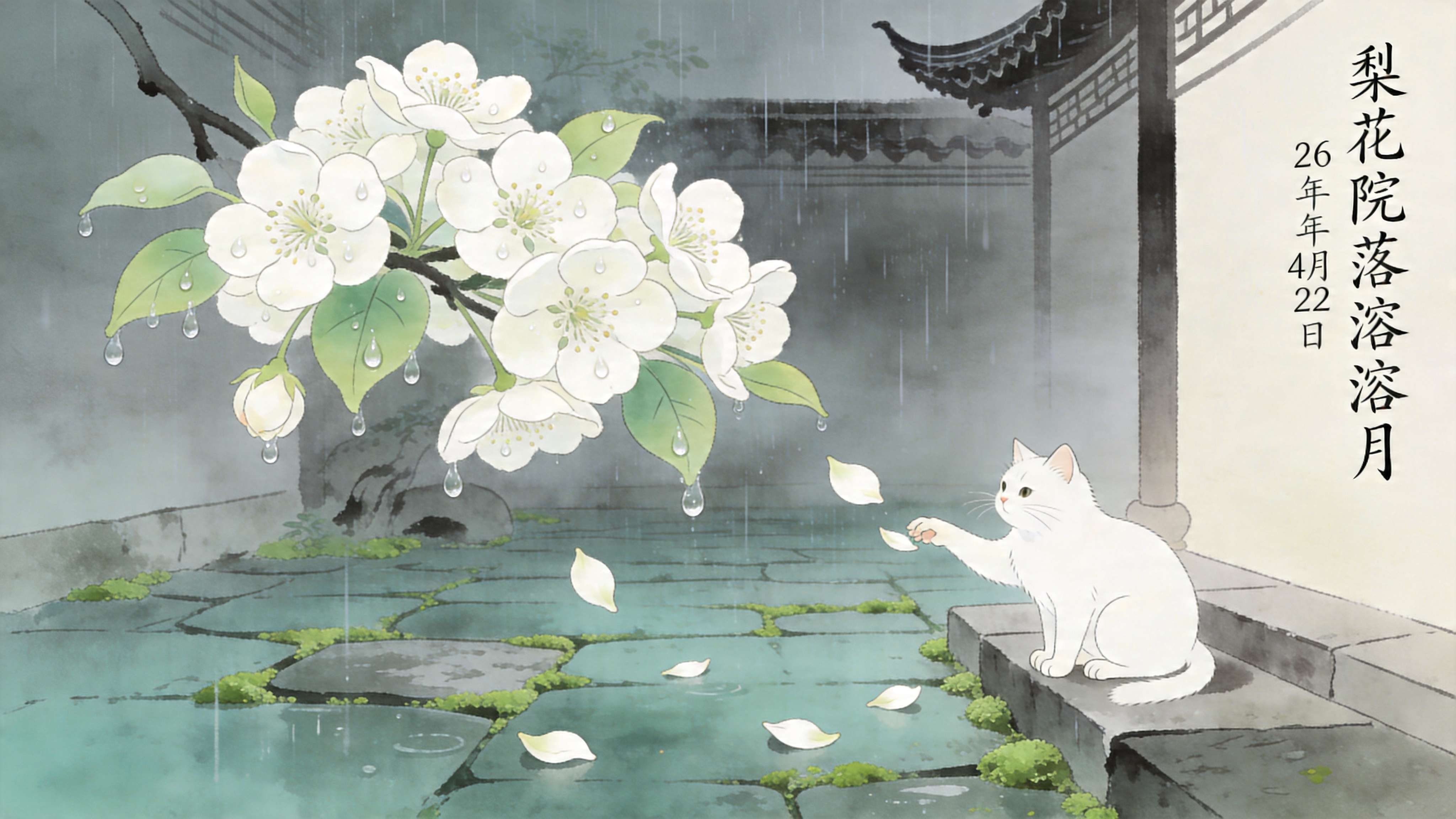 2026年4月22日的暮春时节，一座古老的东方庭院中，一场春雨刚刚停歇。画面中心是一株盛开的白色梨花，花瓣上挂着晶莹剔透的雨珠，几片花瓣正缓缓飘落在青灰色的石板路上。石板缝隙间长着嫩绿的青苔，一只浑身雪白的猫咪正蹲坐在石阶上，伸出爪子好奇地触碰飘落的花瓣。远处是隐约的飞檐翘角，空气中弥漫着湿润的水汽和淡淡的花香，营造出一种‘梨花院落溶溶月’的静谧意境。

新中式国风插画风格，采用传统水墨晕染技法与现代扁平化设计相结合。色调以淡雅的青灰色、柔白色和嫩绿色为主，营造出清冷而温润的春日氛围。线条流畅细腻，具有工笔画的精致感，同时保留水墨的虚实变化。光影处理柔和，强调雨后的漫射光效果，画面留白恰当，富有诗意和禅意，高分辨率，细节丰富。
