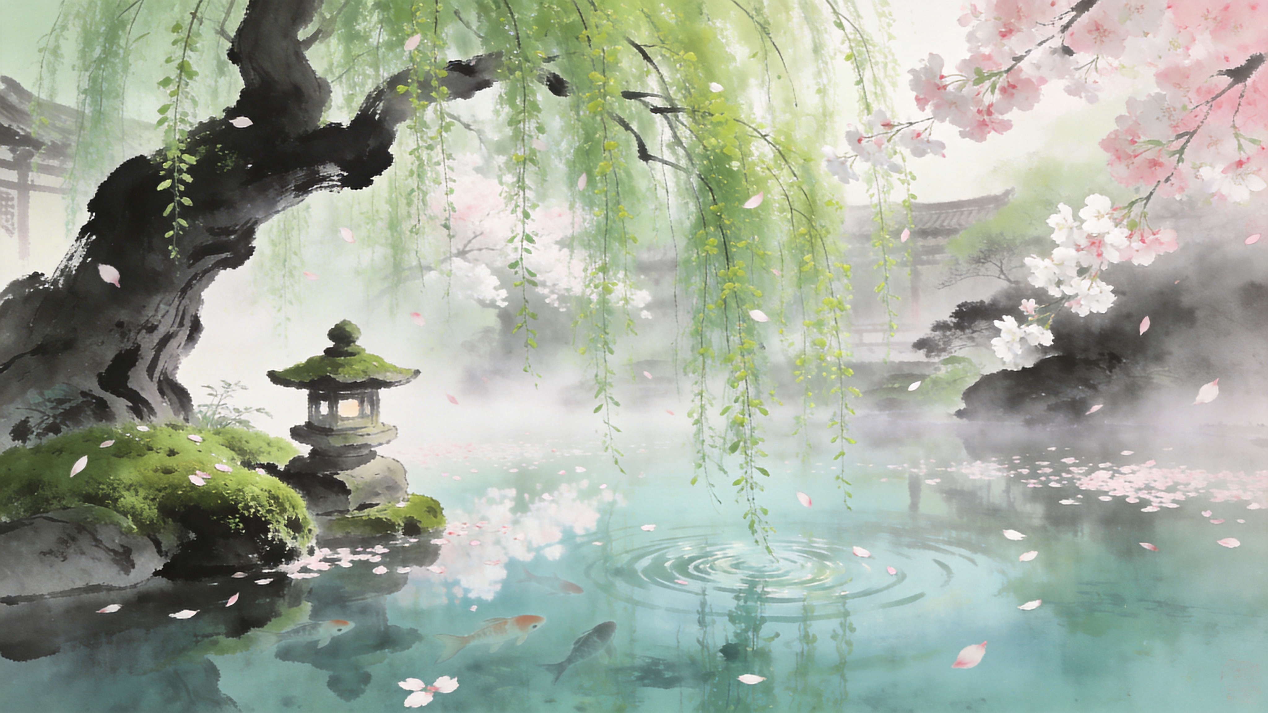 2026年3月29日的春日清晨，在一座古老的东方庭院中，一棵巨大的百年垂柳刚刚吐出嫩绿的新芽，细长的柳枝如绿色的瀑布般垂落在清澈的池塘水面上。微风拂过，柳枝轻舞，水面上泛起层层涟漪，倒映着粉白色的樱花瓣飘落。画面左侧有一尊长满青苔的石灯笼，几只锦鲤在水中若隐若现。空气中弥漫着晨雾，营造出一种静谧、充满生机且略带禅意的早春景象。

新中式水墨风格，结合工笔画的细腻与水墨画的写意。色调以淡雅的青绿、粉白和墨色为主，强调留白艺术。光影柔和，采用漫射光表现晨雾的质感。笔触既有水墨的晕染感，又有线条的流畅性，追求高雅的艺术格调。