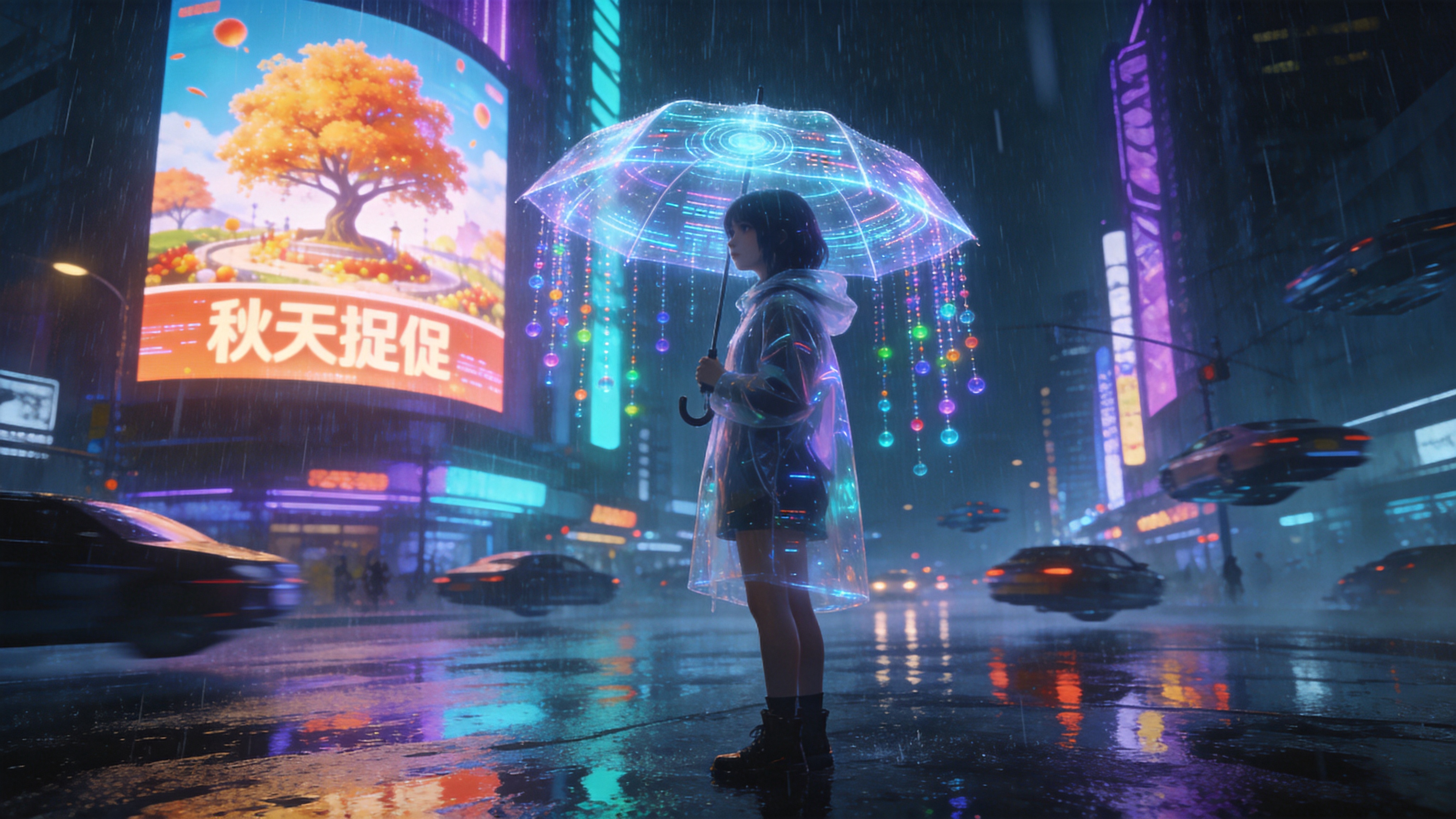2030年的东京涩谷街头，此时正值一场由于季节交替带来的特大暴雨。画面中心是一个穿着透明雨衣的赛博朋克少女，她撑着一把全息投影的雨伞，雨伞表面流动着数据流光。背景是巨大的霓虹广告牌，上面显示着立体的秋季大促动画，雨水在五光十色的霓虹灯反射下，如同彩色的珠帘般坠落。街道积水倒映着穿梭的悬浮车流，充满了高科技与潮湿感的交织。

赛博朋克概念艺术与未来主义摄影风格。色调以冷蓝色、霓虹紫和青色为主，辅以高对比度的暖色灯光。强调湿滑表面的质感反射和金属的冷冽光泽，电影级构图，边缘锐利，带有轻微的颗粒噪点，模拟未来感相机的拍摄效果。