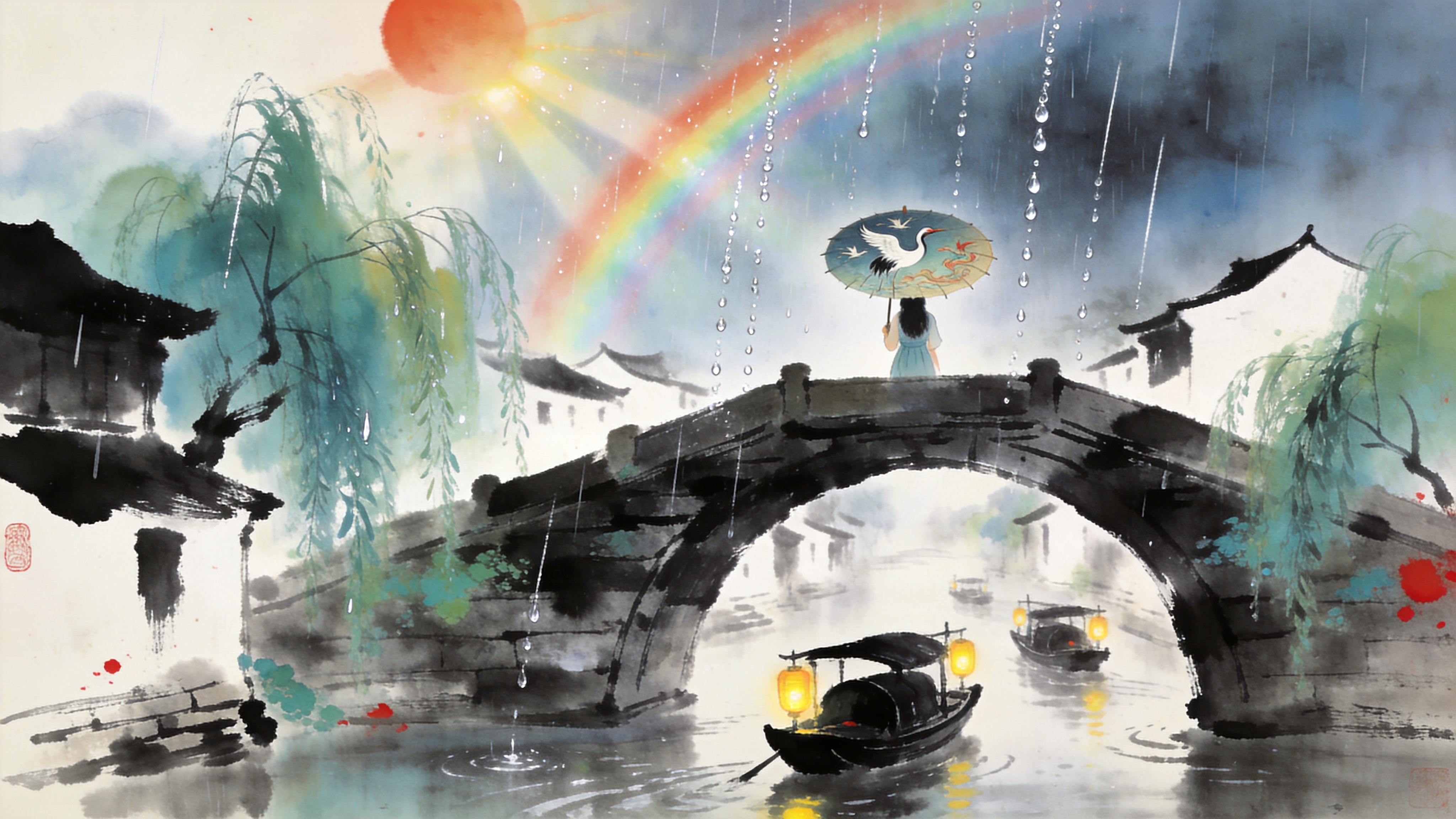 2026年夏至时节的江南水乡，一场突如其来的太阳雨。画面主体是一座古老的石拱桥，桥上撑着一把油纸伞的少女背影，伞面绘有精致的鹤舞九天图。雨滴像断线的珍珠般落下，在空中划出银色的轨迹，阳光穿透雨幕形成绚丽的彩虹。河面上，几艘乌篷船缓缓划过，船头挂着暖黄色的灯笼，与雨后的冷色调形成冷暖对比。远处的白墙黑瓦在烟雨朦胧中若隐若现，柳枝在风雨中摇曳，呈现出一种流动的湿润美感。

新中式水墨风格，结合工笔重彩与写意泼墨。笔触细腻流畅，墨色浓淡相宜，色彩上采用传统的石青、石绿点缀朱砂红。纸张纹理清晰，边缘带有淡淡的晕染效果，光影处理柔和含蓄，整体意境空灵悠远，充满东方诗情画意。