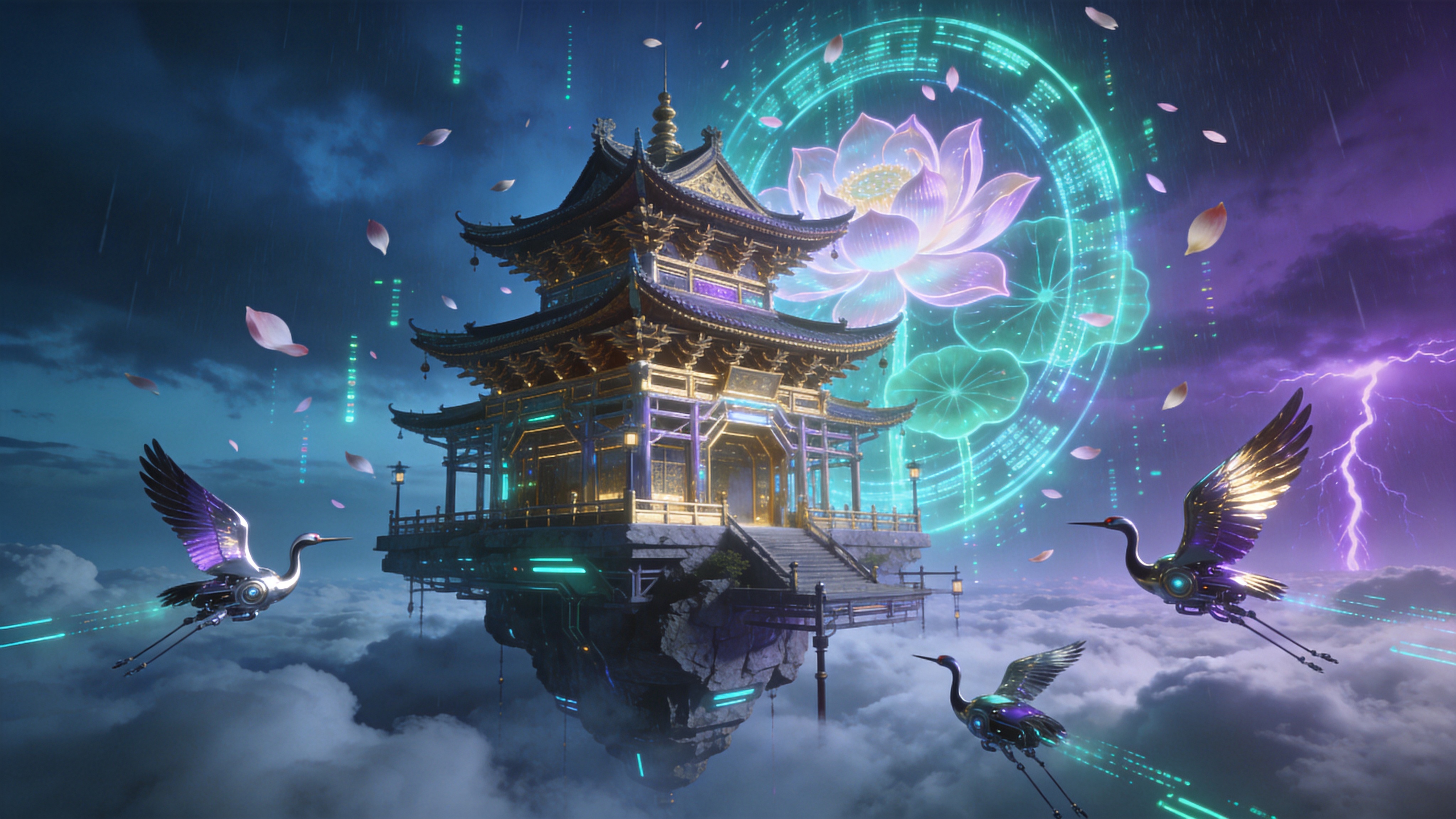 一座悬浮在云海之上的空中楼阁，建筑结构融合了宋代《营造法式》的精密斗拱与未来派的钛合金骨架。此时正值夏日的雷雨前夕，天空呈现出深邃的靛蓝色与紫色交织。巨大的全息荷花图腾在建筑周围缓缓旋转，花瓣飘落并化作发光的数据流。街道上没有行人，只有几只造型如机械灵鹤的无人机在巡视，它们的金属羽毛反射着远处即将划破夜空的紫色闪电，营造出一种古老文明与高科技共存的神秘感。

赛博朋克与新中式国潮的完美结合。视觉风格偏向于概念艺术与 3D 渲染，使用霓虹青、电光紫与古铜金的撞色搭配。材质上强调粗糙的石材与光滑液态金属的对比，光影戏剧性强，体积光感厚重，具有电影史诗般的宏大叙事感。