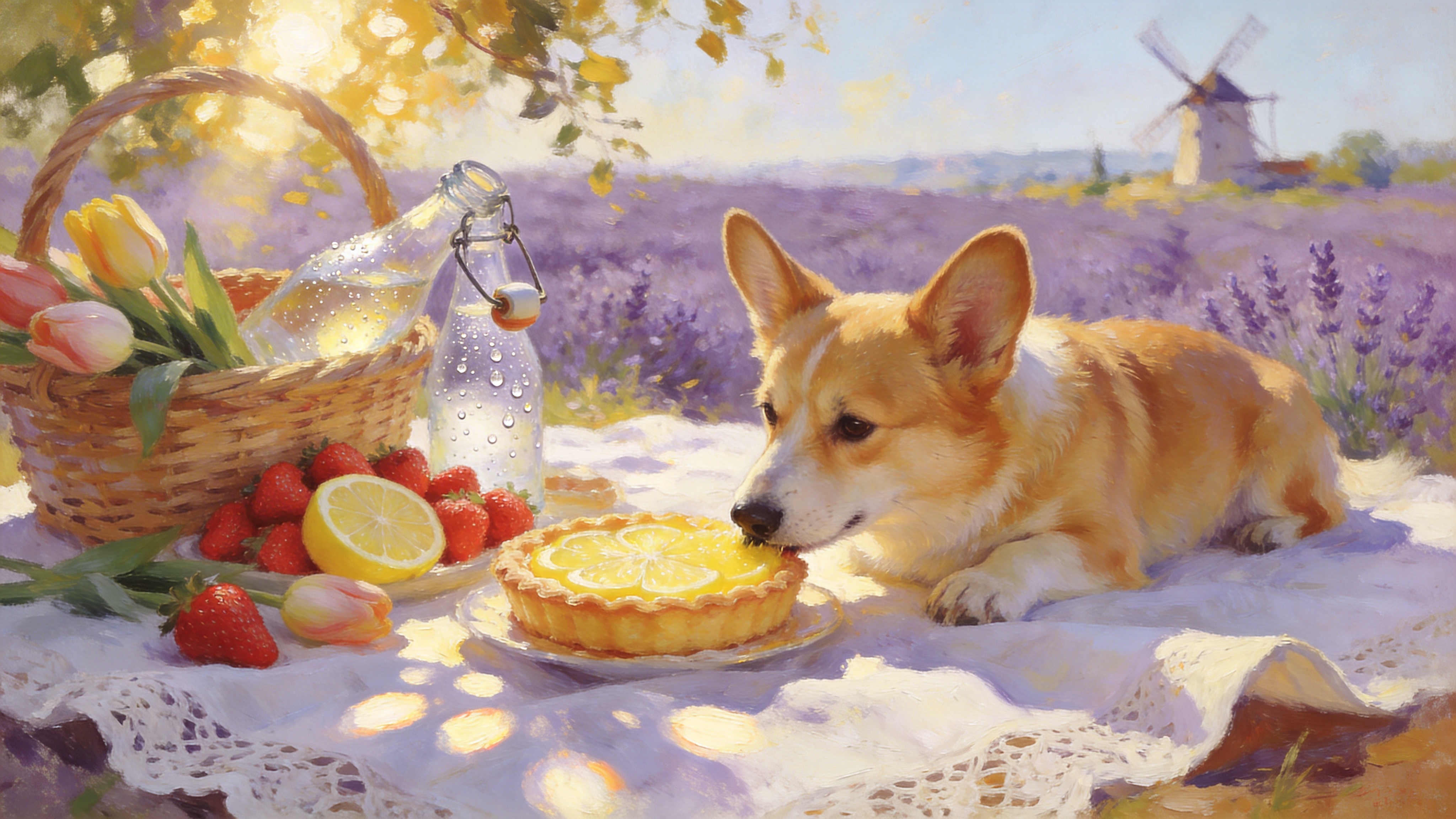 法国普罗旺斯的一个午后，阳光明媚得有些刺眼。画面主体是一个铺着洁白蕾丝桌布的野餐篮，篮子里装满了春季限定的美味：一篮刚采摘的红草莓、几块切开的柠檬塔、一瓶打开的气泡水，瓶身挂着晶莹的水珠，以及几朵刚折下的郁金香作为装饰。一只毛色金黄的柯基犬正趴在野餐垫上，好奇地嗅着那块柠檬塔，它的耳朵竖起，表情憨态可掬。背景是虚化的薰衣草田野和远处的风车，金黄色的阳光穿过树叶的缝隙洒在桌布上，形成斑驳的光斑，微风吹起桌布的一角，整个画面洋溢着春游的轻松与甜蜜。

印象派油画风格，笔触厚重且富有肌理感，莫奈式的光影处理，色彩明亮饱和，强调暖黄色调，焦点清晰边缘虚化，具有浓郁的田园生活气息和艺术质感，像是一幅正在阳光下晾干的杰作。