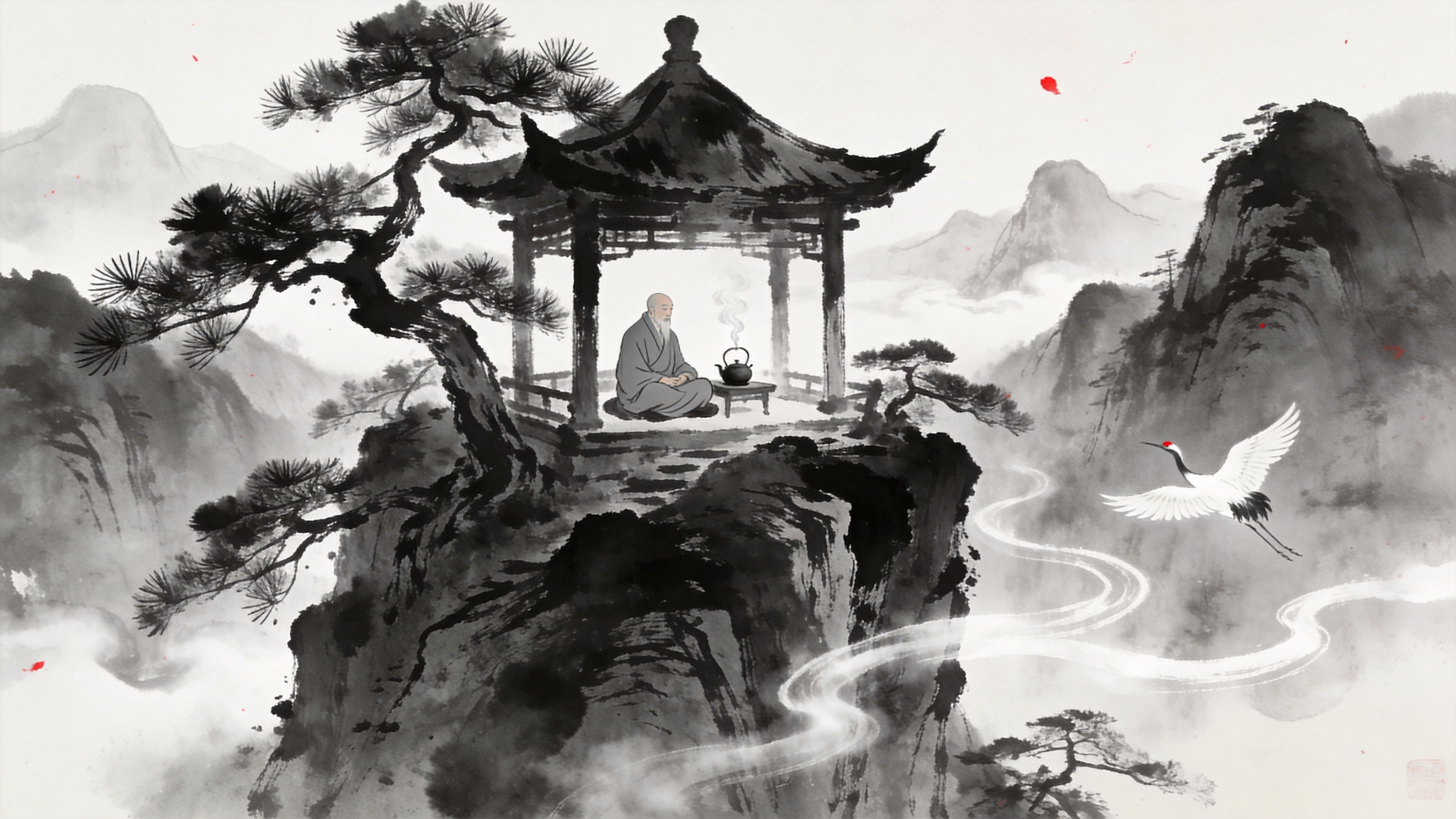 这是一幅充满禅意的东方水墨画。主体是一座建在悬崖边的古老凉亭，周围生长着几株苍劲有力的松树，松针在风中微微颤动。凉亭内，一位身着灰色长袍的隐士正盘腿而坐，面前摆着一盏冒着热气的茶壶。远处是若隐若现的群山，山间缭绕着白色的雾气，一只白鹤正展翅飞过山谷，留下一道优美的弧线，营造出一种‘蝉噪林逾静’的幽深意境。

传统中国水墨画风格，结合现代数字插画技法。以黑、白、灰为主色调，仅用极少量的朱砂红点缀。笔触豪放洒脱，讲究‘留白’的艺术。强调墨色的浓淡干湿变化，质感如宣纸般粗糙自然，整体氛围空灵、高雅、宁静致远。