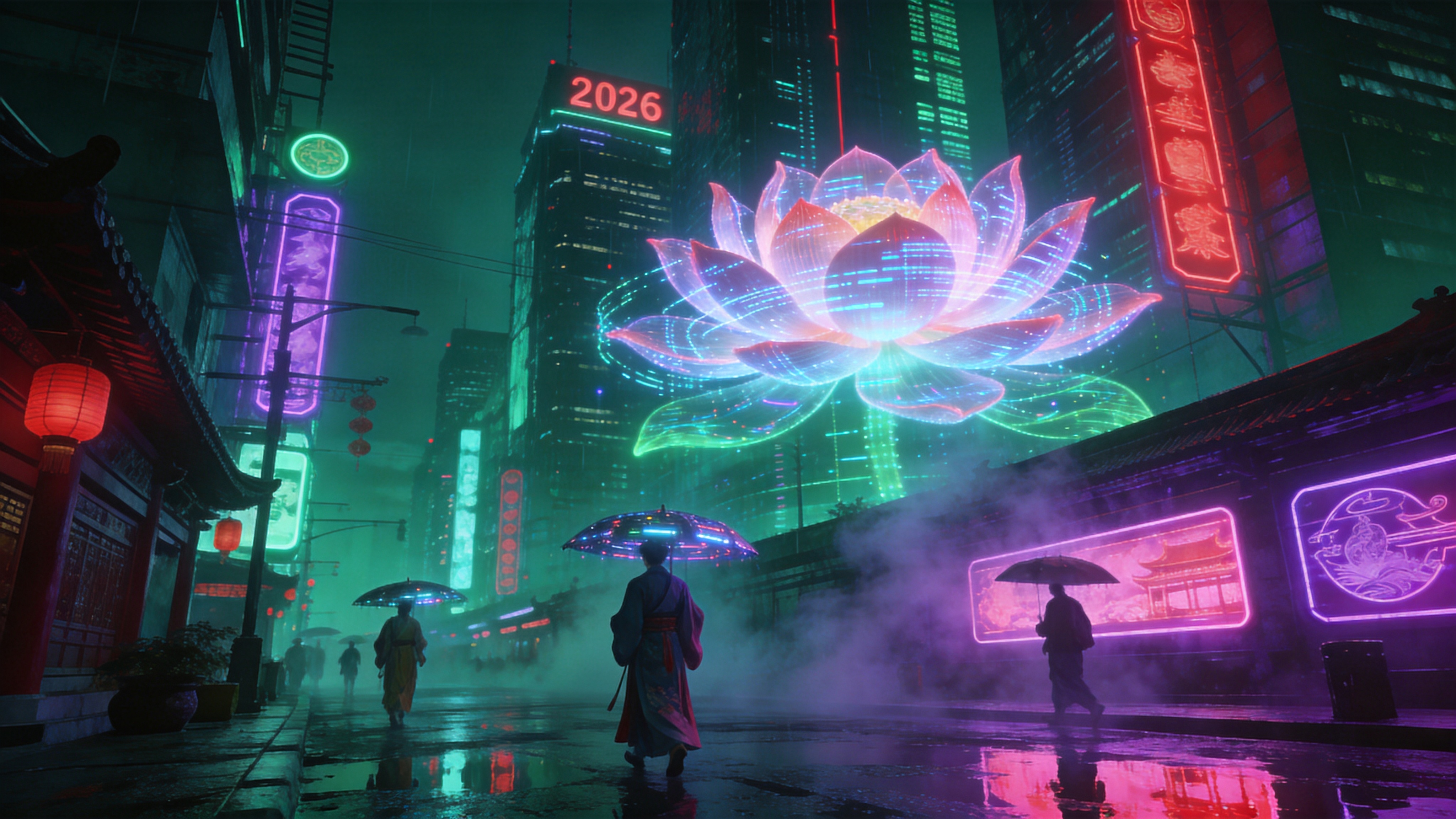 一幅结合了赛博朋克与东方美学的未来城市景观。在2026年的酷暑中，一座巨大的全息投影莲花在霓虹闪烁的摩天大楼之间缓缓绽放，花瓣由流动的数据流构成。街道上充满了湿热的蒸汽，穿着传统改良汉服的行人撑着电子伞匆匆走过。路边的积水倒映着粉紫色的霓虹灯牌，空气中弥漫着一种科技与古老传统交融的迷离感，展现数字时代的夏日盛景。

概念艺术，赛博朋克与国潮结合。风格上强调机械结构与有机形态的融合，色彩以高对比度的青色、洋红和电光紫为主，配合强烈的体积光和湿漉漉的街道反光。笔触细腻，具有强烈的纵深感，呈现出未来主义的冷峻与神秘。