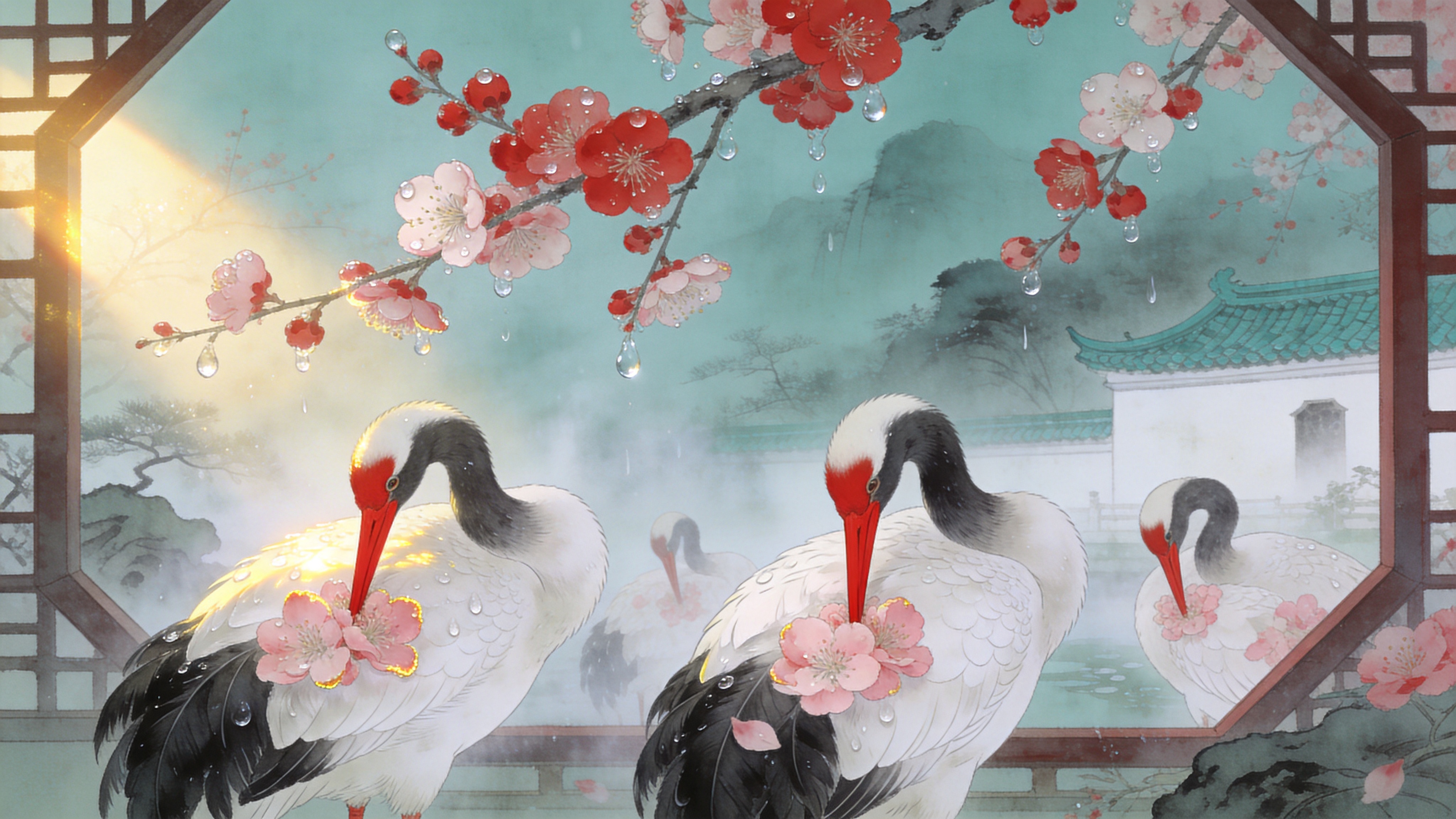 初春的清晨，薄雾尚未散去，在一座古老的东方园林中，一枝早春的红梅斜斜地伸出画框，枝头挂满了晶莹剔透的露珠和初绽的花瓣。前景是几只姿态优雅的朱鹮，它们正低头梳理羽毛，红色的喙与粉色的梅花相映成趣。背景是若隐若现的青瓦白墙和远处的淡墨山影，空气中弥漫着湿润的水汽感，画面左侧有一缕金色的晨光刚刚穿透薄雾，照亮了花瓣的边缘，营造出一种静谧而充满生机的早春意境。

新中式工笔重彩风格，结合了传统宋画的构图与现代数字绘画的细腻质感。色调以淡青、曙红和暖白为主，光影柔和且带有体积感。笔触细腻工整，羽毛和花瓣的纹理清晰可见，整体画面具有清雅、高洁的东方美学韵味，高分辨率，8K画质，画意摄影质感。