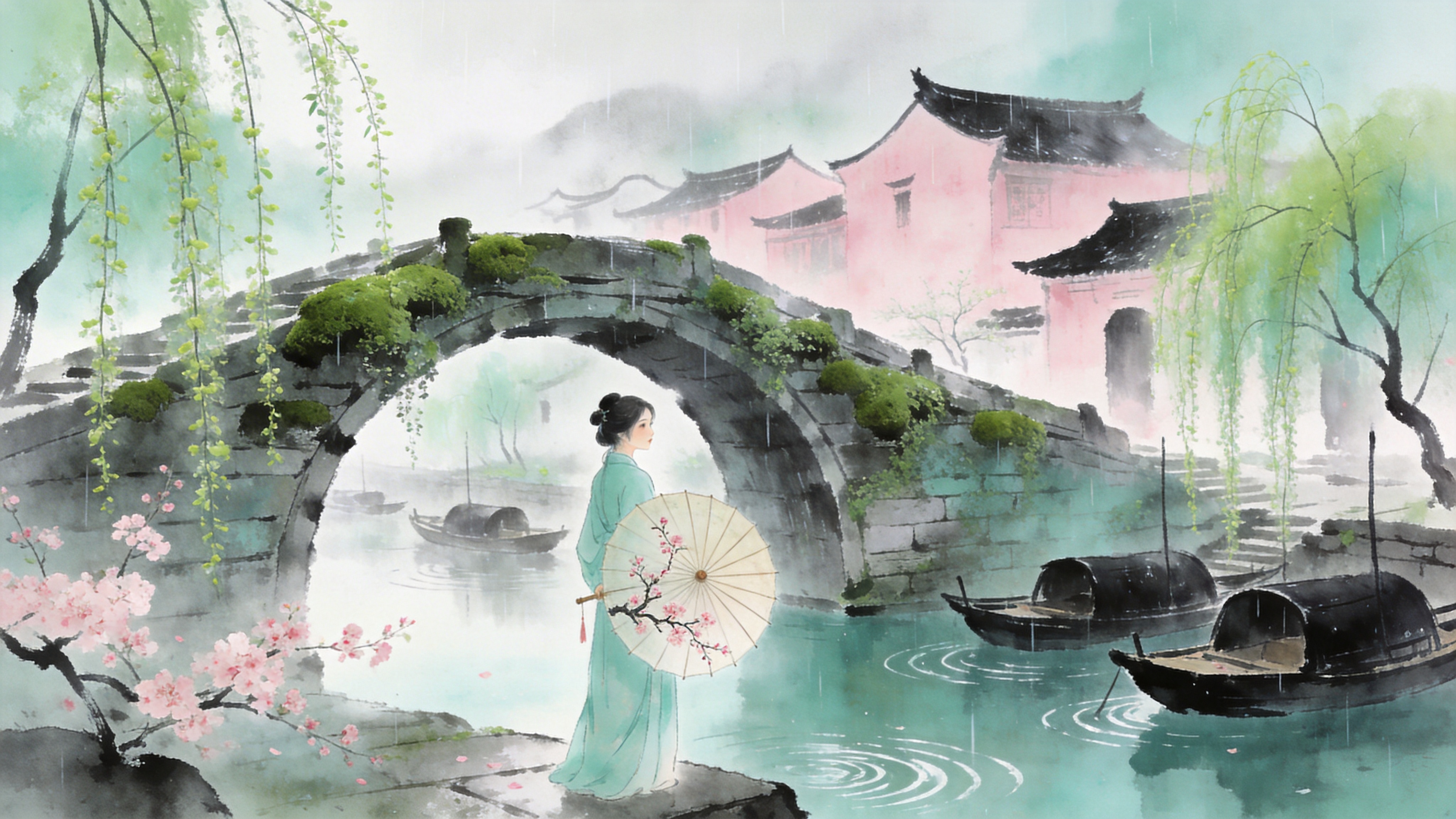 2026年早春三月，江南古镇的清晨，画面中心是一座爬满青苔的古石拱桥，桥下流水潺潺，几艘乌篷船静静地停泊在岸边。岸边的垂柳刚刚抽出嫩绿的新芽，柳枝随风轻拂水面，泛起微微涟漪。远处是粉墙黛瓦的徽派建筑，烟雨蒙蒙，空气中弥漫着湿润的水汽。一位穿着淡青色汉服的少女撑着一把油纸伞站在桥头，回眸凝视，伞面上绘着几枝桃花，与岸边盛开的早桃相映成趣，画面充满了生机与诗意。

新中式国风水墨风格，结合工笔画的细腻与水墨画的写意。色调以青绿、淡灰、白为主，点缀桃粉色。采用湿画法表现江南烟雨的朦胧感，光影柔和漫射，注重留白意境，笔触流畅自然，营造出一种宁静致远、唯美雅致的东方美学氛围。