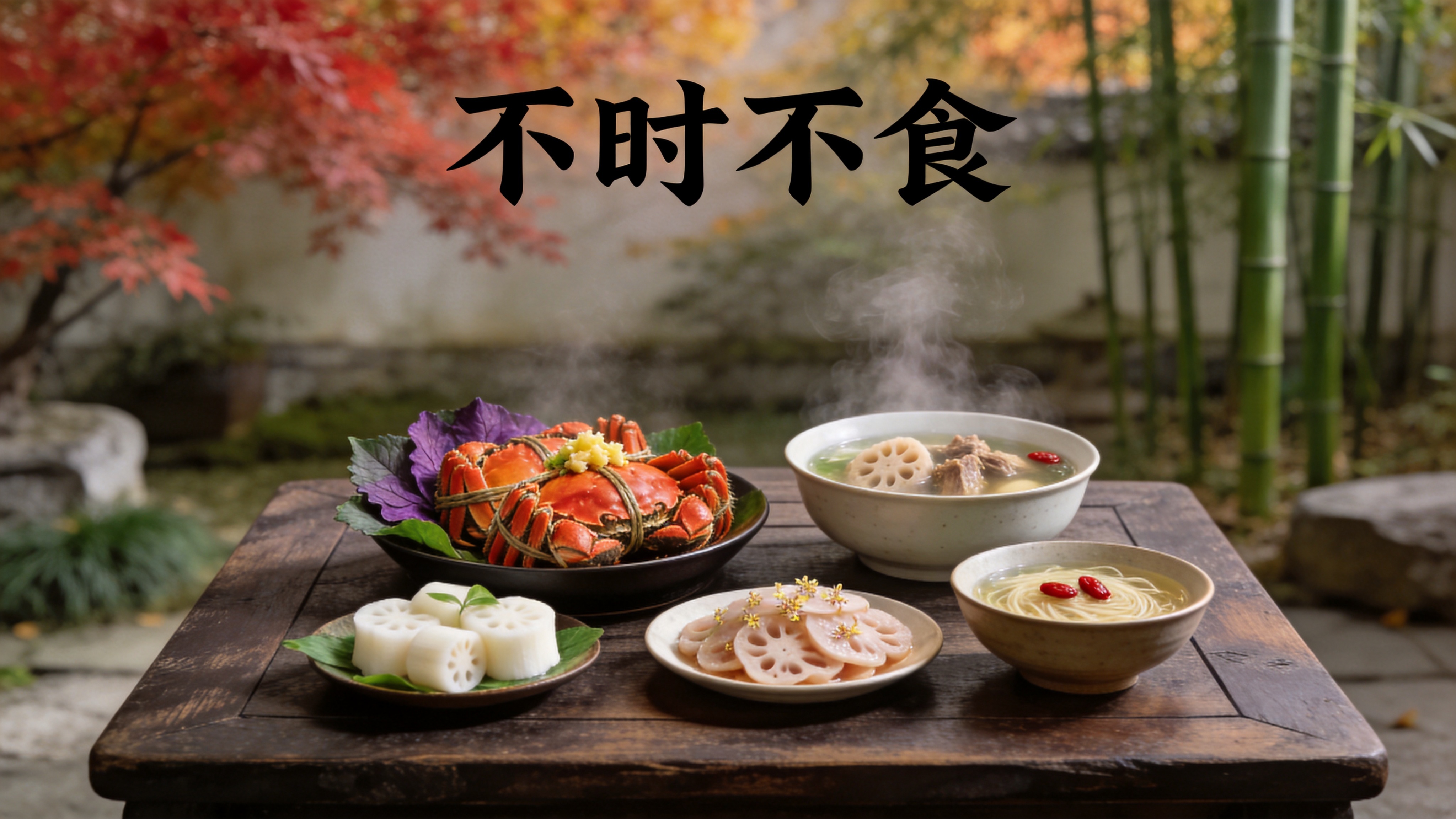 在这个丰收的季节，一桌精致的秋季私宴摆放在庭院的中央。餐桌由深色的老榆木制成，纹理清晰。桌上摆放着一只热气腾腾的大闸蟹，蟹壳呈诱人的橙红色，旁边配着紫苏叶和姜末。还有一碗清澈的莲藕排骨汤，汤面浮着几粒枸杞，以及一盘切得薄如蝉翼的桂花糯米藕。背景是虚化的秋日庭院，隐约可见红枫与翠竹的掩映，水汽从汤和热蟹中缓缓升起，带来极致的嗅觉通感。

新中式美学静物摄影，风格偏向于古典与现代结合。光线采用柔和的侧逆光，勾勒出食物的轮廓和质感。色彩低饱和度，突出食材本身的自然色泽，尤其是蟹红、藕白和叶绿。景深控制极佳，焦点清晰锐利，背景富有层次感，整体传达出一种'不时不食'的东方生活哲学。