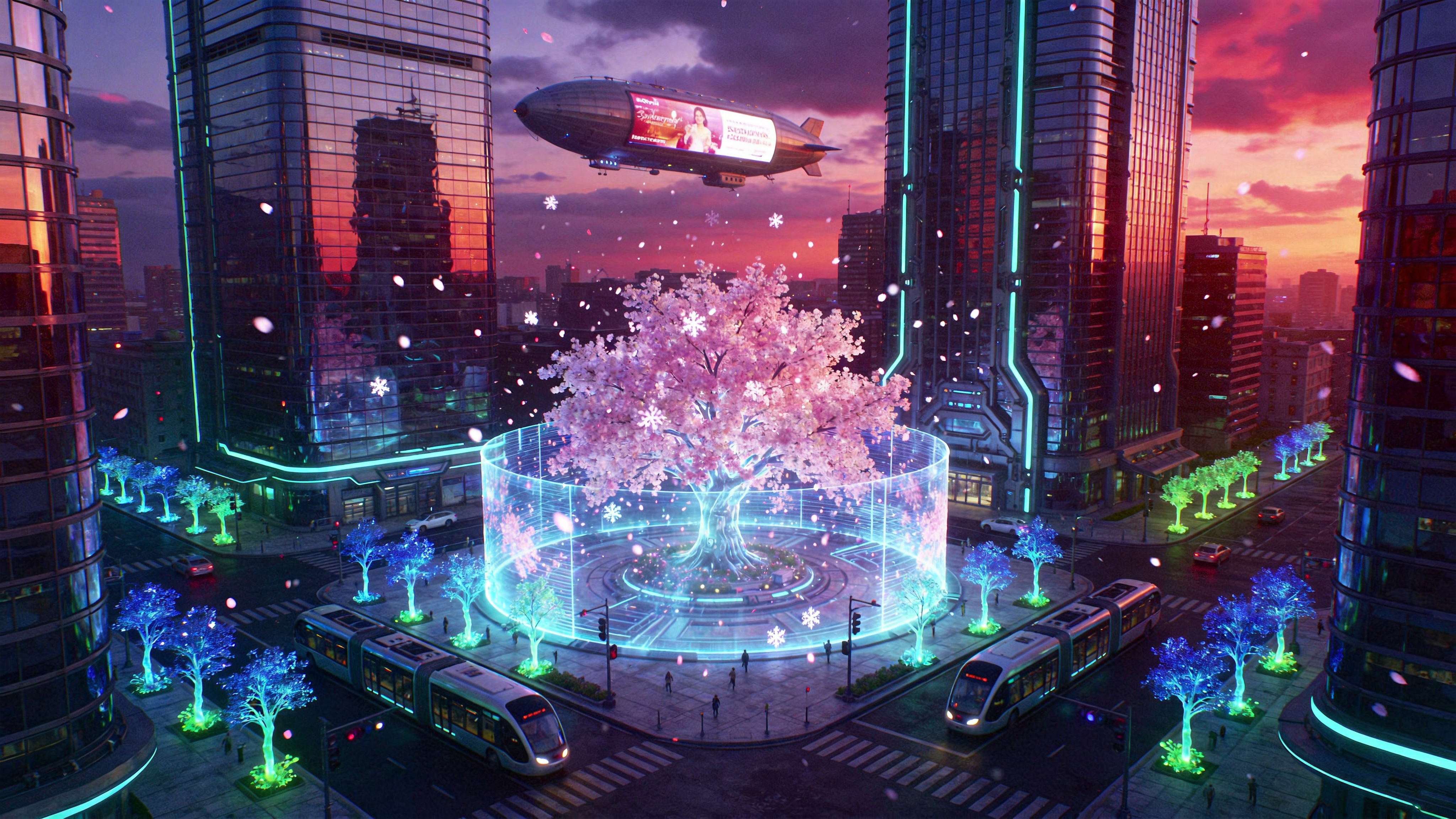 一个充满未来感的春日城市景观，时间设定在2026年。巨大的全息投影樱花树在城市广场中央绽放，粉色的光粒子如雪花般飘落，与周围高耸的玻璃幕墙建筑形成强烈对比。街道上，几辆流线型的磁悬浮巴士正在穿梭，路边的行道树是经过基因编辑的发光植物，散发着幽蓝和翠绿的光芒。天空中，巨大的飞艇广告牌正缓缓驶过，云层呈现出奇异的紫红色晚霞，科技与自然在这个春天完美融合。

赛博朋克概念艺术风格，强调霓虹光影与金属质感的碰撞。色彩以青色、洋红和电光蓝为主色调，高对比度，强烈的体积光。细节上强调机械结构的精密与全息投影的通透感，视角采用广角俯视，展现城市的宏大与繁华，画面具有电影级的视觉冲击力。