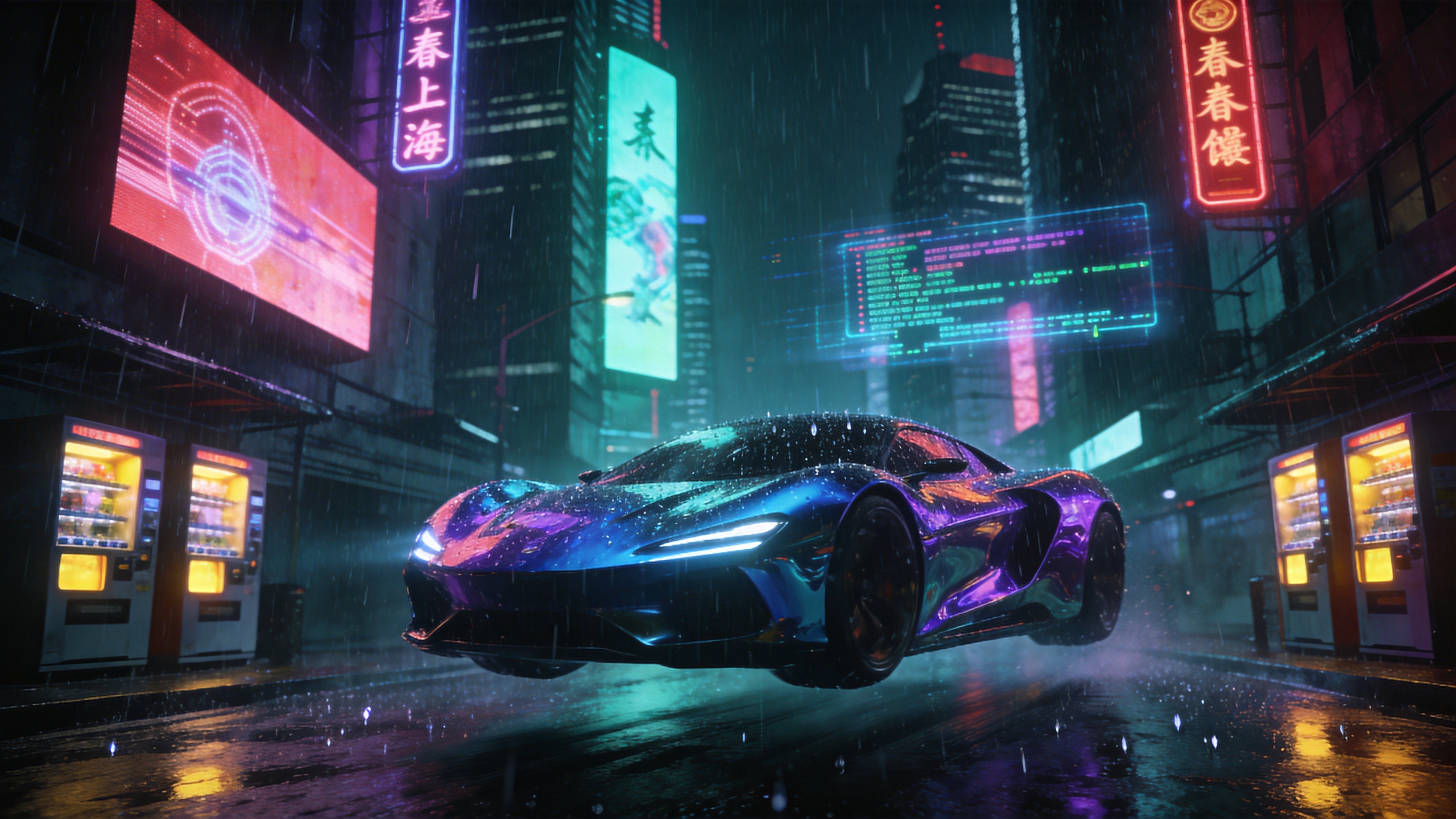 近未来 2026 年的上海雨夜，春雨淅沥沥地落在湿漉漉的霓虹街道上。主体是一辆充满流线型设计的概念悬浮跑车，车身采用液态金属材质，反射着周围蓝紫色的赛博格霓虹灯牌。背景是高耸入云的摩天大楼，巨大的全息广告屏上正播放着数字艺术，汉字与代码交织在空中。街道两旁的自动售货机散发着暖黄色的微光，与冷色调的雨景形成强烈对比，空气中充满了科技与潮湿雨水混合的质感。

赛博朋克概念艺术，虚幻引擎 5 渲染风格。色调以高饱和度的青色、洋红和深黑为主，强调体积光和湿滑地面的反光效果。光影对比强烈，具有极强的纵深感，呈现出冷峻、高科技且略带忧郁的未来都市氛围。