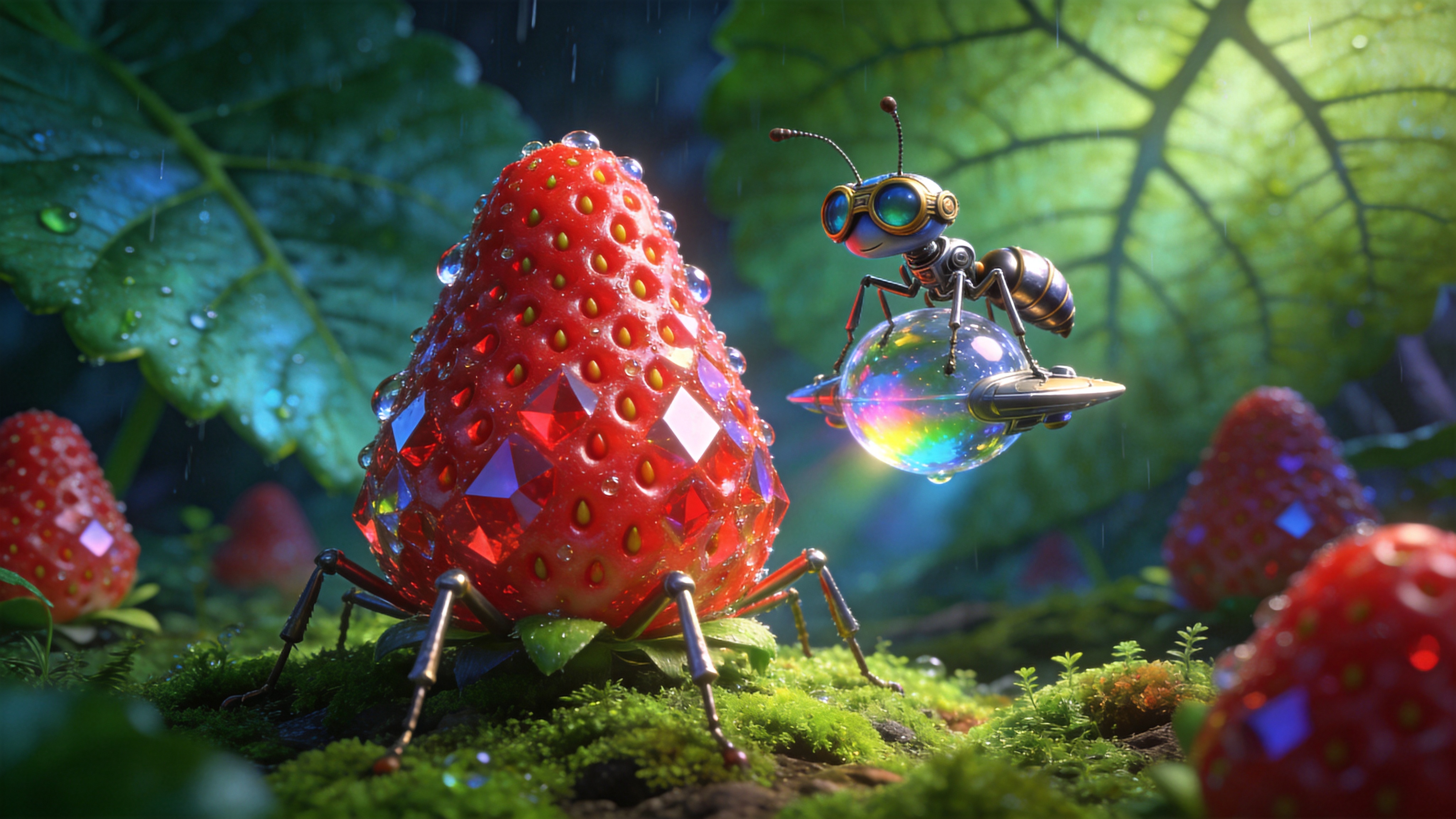 一个超现实的微观世界场景，设定在2026年4月27日的雨后。巨大的草莓像红宝石宫殿一样矗立在绿色的苔藓森林中，草莓表面的籽粒清晰可见，每一颗都像是一颗璀璨的红钻。一只戴着复古飞行员护目镜的机械蚂蚁正驾驶着一片晶莹剔透的露珠飞船，悬停在草莓上方。露珠折射出周围奇幻的彩虹光芒，背景是模糊的巨大叶片脉络，仿佛通往另一个维度的参天大树，充满了探索未知的神秘感。

3D皮克斯与微距摄影结合风格，C4D渲染，OC渲染器质感。色彩鲜艳饱和，具有糖果般的梦幻色调，强调红、绿、蓝的对比。材质上追求极致的光滑感与湿润感，金属蚂蚁具有拉丝金属光泽，露珠具有高度逼真的折射与焦散效果。光影采用戏剧化的聚光灯照明，体积光感强烈，整体画面精致、立体、充满童趣与科技感。