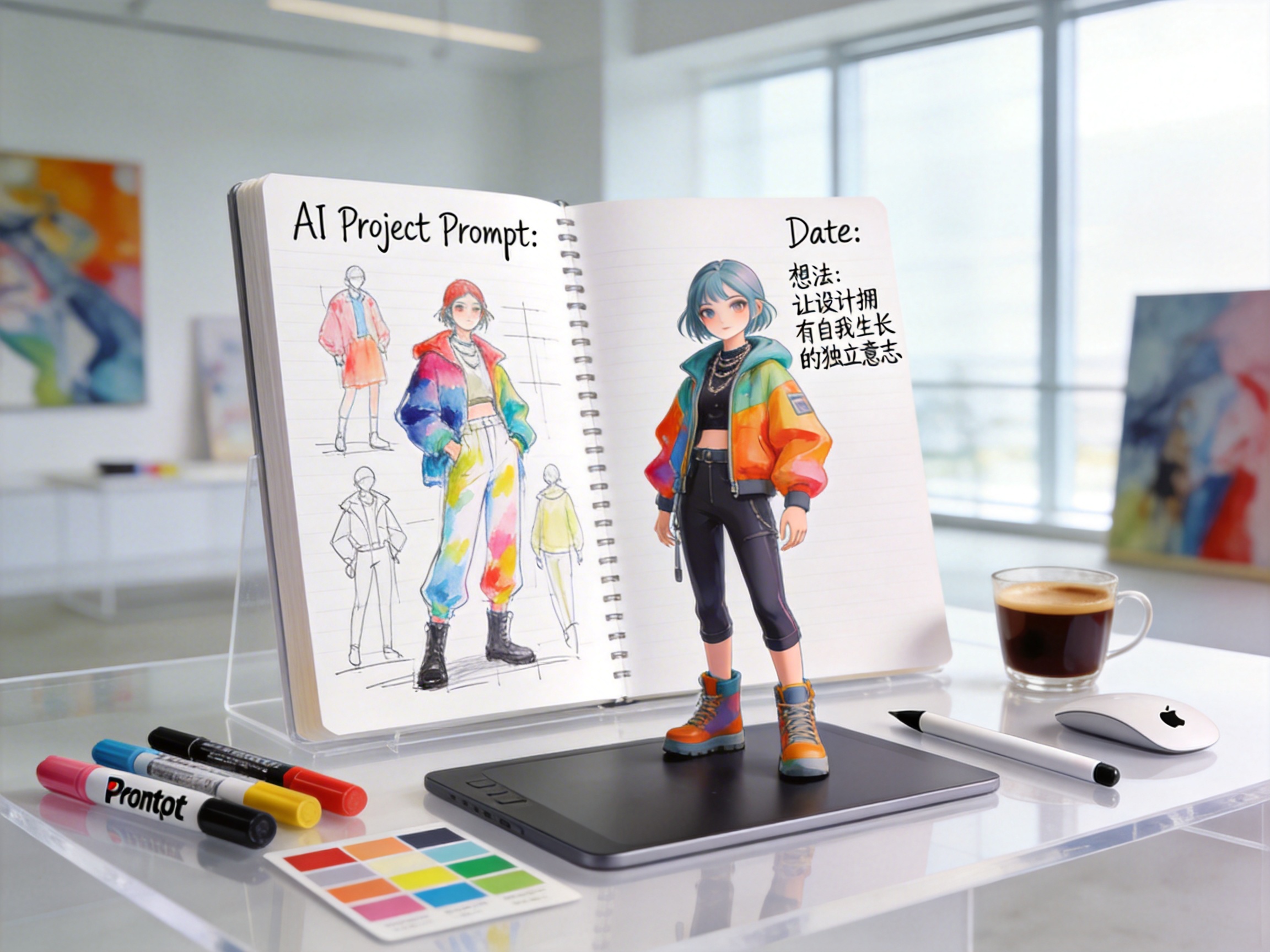 这是一张细节丰富、极其清晰的现代摄影作品，照片中一本打开的纯白高定速写本静静地放在一张极简主义的白色亚克力工作台上，背景中模糊着现代艺术画作和明亮的落地窗，一切都沐浴在纯净明亮的工作室柔光中。在速写本的纯白厚纸页上，可以看到一幅色彩明快的马克笔与水彩勾线图，描绘了一个栩栩如生、极具时尚感的人物，其姿态和形态与一个跃然纸上、仿佛要打破二维平面、化作三维潮玩模型站在工作台上的人物形象完美契合。速写本页面上写着一些充满设计感的手写笔记，包括标题：AI Project Prompt: （左上角）和Date:（右上角），以及反复出现的句子：想法：让设计拥有自我生长的独立意志。工作台上散落着各种与角色和项目相关的工具和道具，例如马克笔、Pantone色卡、Apple Pencil和一杯意式浓缩咖啡，摆放得十分写实。

高质量，专业摄影，细节丰富