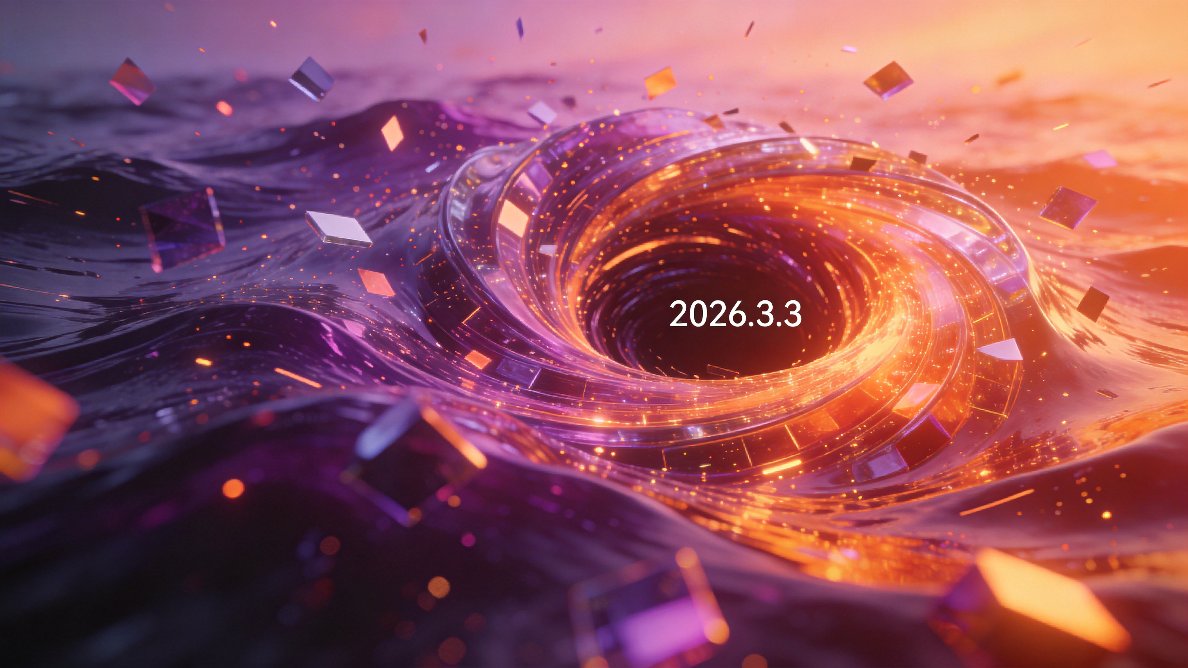 一片抽象的数字海洋，无数发光的几何碎片像海浪一样翻涌，颜色从深紫渐变到亮橙，中心是一个巨大的、类似黑洞的漩涡，象征着时间的流逝（2026.3.3），极具视觉冲击力。

3D抽象艺术，C4D渲染，玻璃材质与金属质感结合，极简主义构图，迷幻色彩，动态模糊，无主物体设计，Behance设计作品。