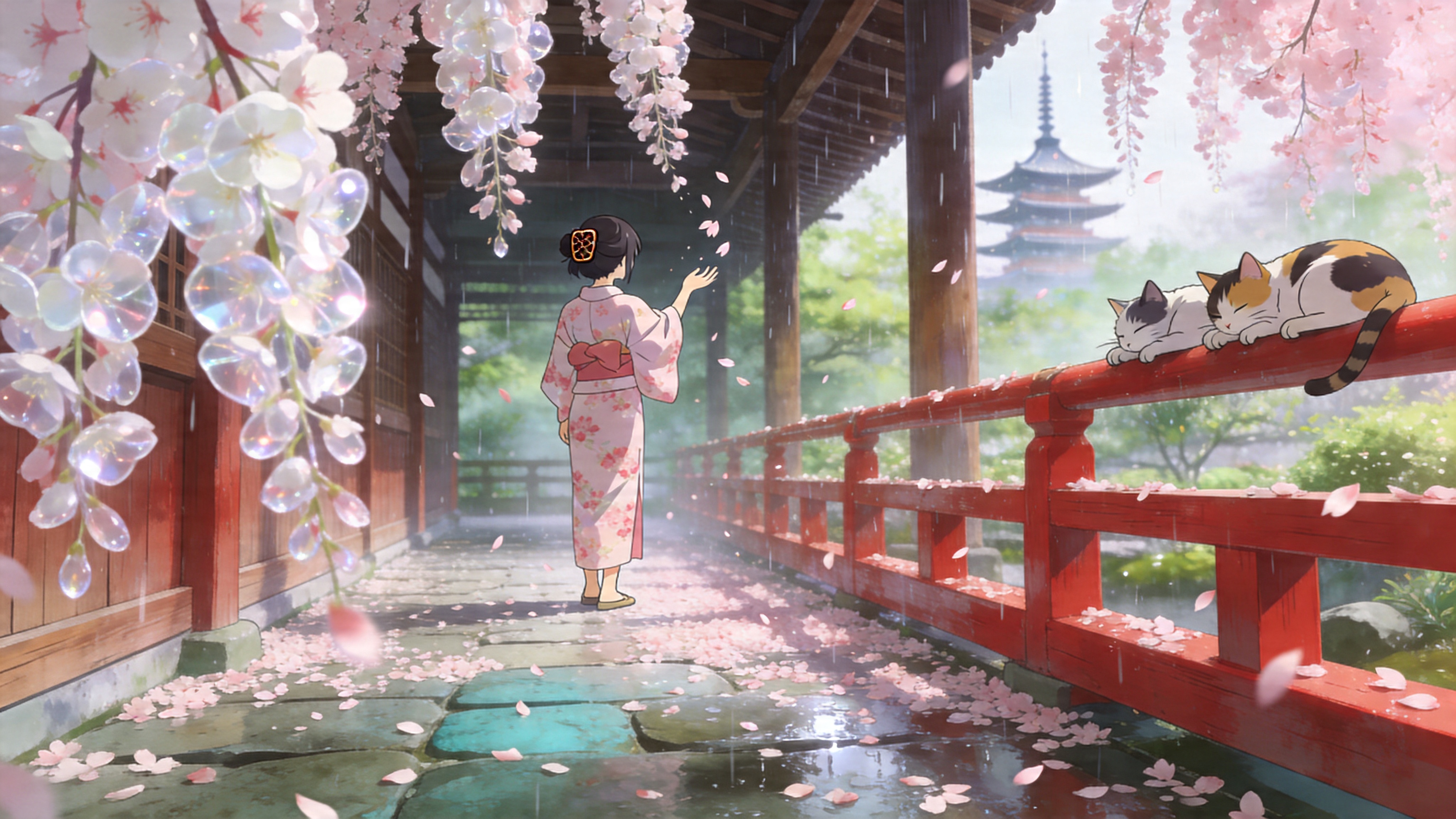 画面定格在2026年4月15日的京都，一座古老的木制寺庙回廊深处。前景是几株盛开的垂枝樱花，粉白色的花瓣如雨般飘落，覆盖了青石板地面和朱红色的木质栏杆。中景是一位身穿淡雅樱花色和服的少女背影，她正伸手去接飘落的花瓣，发髻上插着一支精致的玳瑁发簪。背景是朦胧的庭院绿意和若隐若现的五重塔塔尖。空气中弥漫着春日特有的湿润感，画面右侧有一只三花猫慵懒地趴在栏杆上打盹。整个场景静谧而唯美，充满了‘一期一会’的物哀之美。

新海诚式动漫风格，极致的摄影级光影渲染。采用高饱和度、高对比度的色彩，强调环境光遮蔽（AO）和体积光效果。樱花呈现半透明的晶莹质感，背景具有超浅景深带来的唯美光斑。画面比例为16:9，分辨率8K，线条细腻流畅，色彩清新透亮，充满青春与梦幻的氛围。