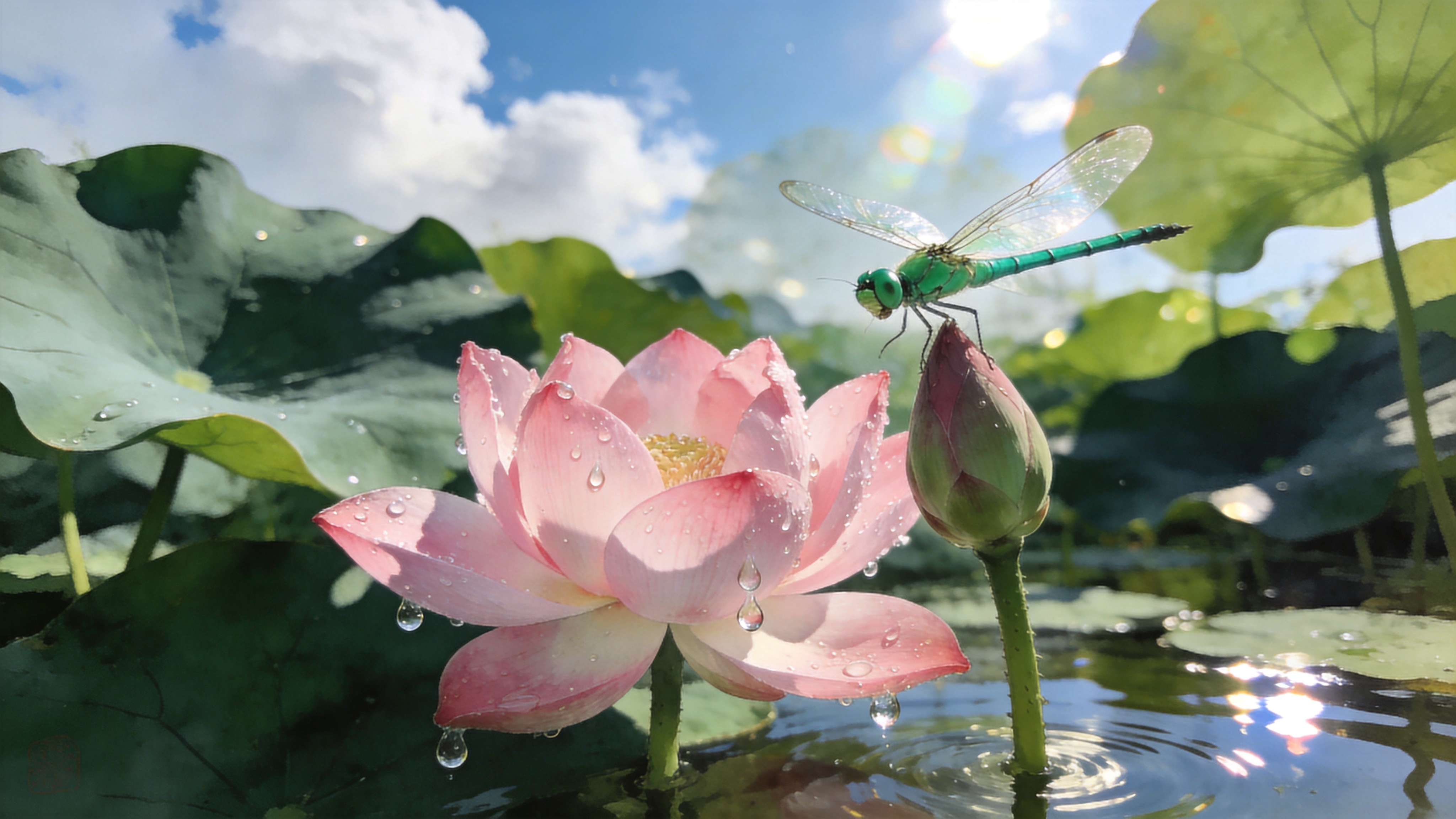 2026年6月29日的盛夏正午，一片生机勃勃的荷塘。画面中央是一朵盛开的粉色荷花，花瓣晶莹剔透，挂着几颗摇摇欲坠的露珠。一只翠绿色的蜻蜓正悬停在花苞上方，翅膀呈现出半透明的质感。背景是层层叠叠的墨绿色荷叶，阳光透过叶片的缝隙洒下斑驳的光影，水面波光粼粼，倒映着蓝天白云。空气中弥漫着夏日特有的慵懒与热气，细节清晰可见，仿佛能听到蝉鸣声。

新中式工笔画风格，结合了超写实摄影的质感。色彩上以清雅的白、粉、绿为主色调，高明度对比。笔触细腻工整，线条流畅有力，既有传统国画的留白意境，又有现代光影的体积感。光影处理柔和且通透，强调植物的生命力和水的清澈感，8K分辨率，极致细节。