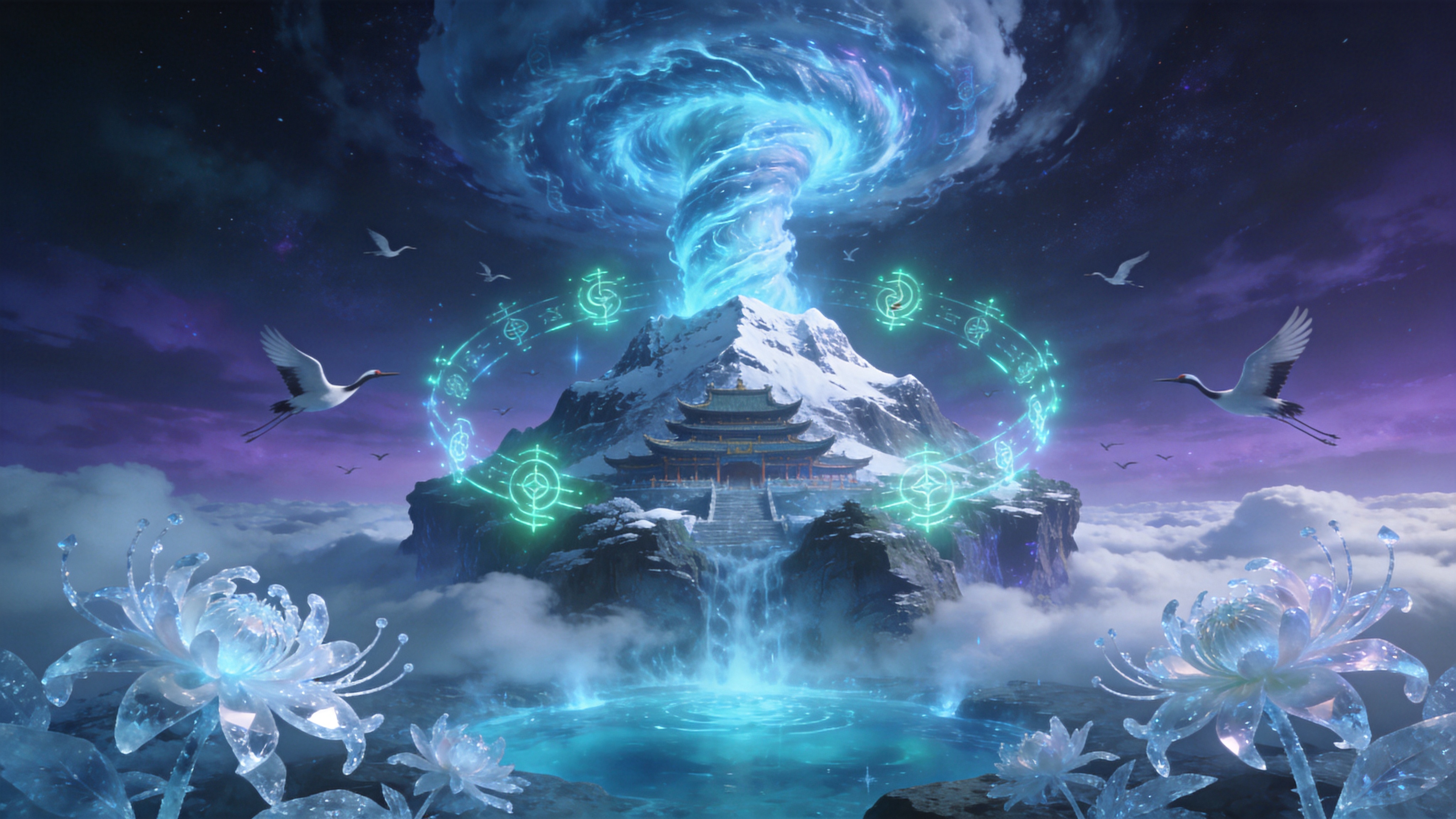 一座漂浮在云海之上的古老东方仙山，正值八月酷暑，山顶却覆盖着终年不化的积雪。巨大的冰蓝色龙卷风连接着天与山，周围环绕着发光的符文和飞舞的仙鹤。山脚下是一池冒着寒气的幽蓝寒潭，潭边生长着只有在极寒中盛开的彼岸花，花瓣呈现出半透明的冰晶质感。

赛博朋克与东方玄幻结合的概念艺术风格，3D渲染质感。色调以冷冽的冰蓝、深紫和霓虹青为主。强调体积光和发光材质，整体氛围神秘、宏大且略带科技感，参考Epic Games Unreal Engine 5实时渲染效果。