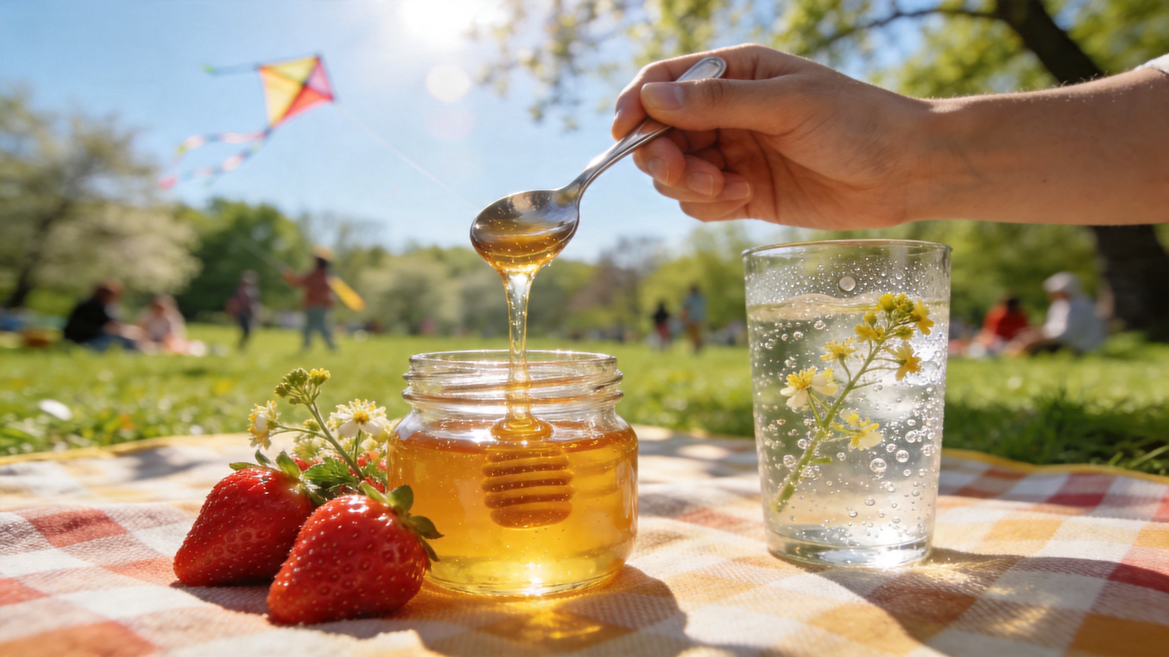 春日午后的野餐时光，阳光透过斑驳的树影洒在格纹野餐垫上。画面特写展示了一份精致的时令下午茶：一个透明的玻璃罐中装满了金黄色的蜂蜜，旁边摆放着几颗红润饱满的草莓和一杯冒着气泡的接骨木花气泡水，杯壁上凝结着细密的水珠。一只手正拿着银质勺子搅动蜂蜜，蜂蜜呈现出浓稠的拉丝状态，背景是虚化的嫩绿草地和远处正在放风筝的人群，充满了春天的活力与甜蜜的生活气息。

高清微距美食摄影风格，模仿当代高端美食杂志的视觉质感。景深，背景奶油般虚化，主体对焦极其锐利。光线采用自然逆光加柔光罩补光，勾勒出食物的轮廓光，使草莓和蜂蜜呈现出诱人的光泽感。色彩饱和度适中偏暖，强调食物的新鲜度和材质的通透感。构图采用黄金分割和对角线构图，具有极强的食欲诱惑力和生活美学感。