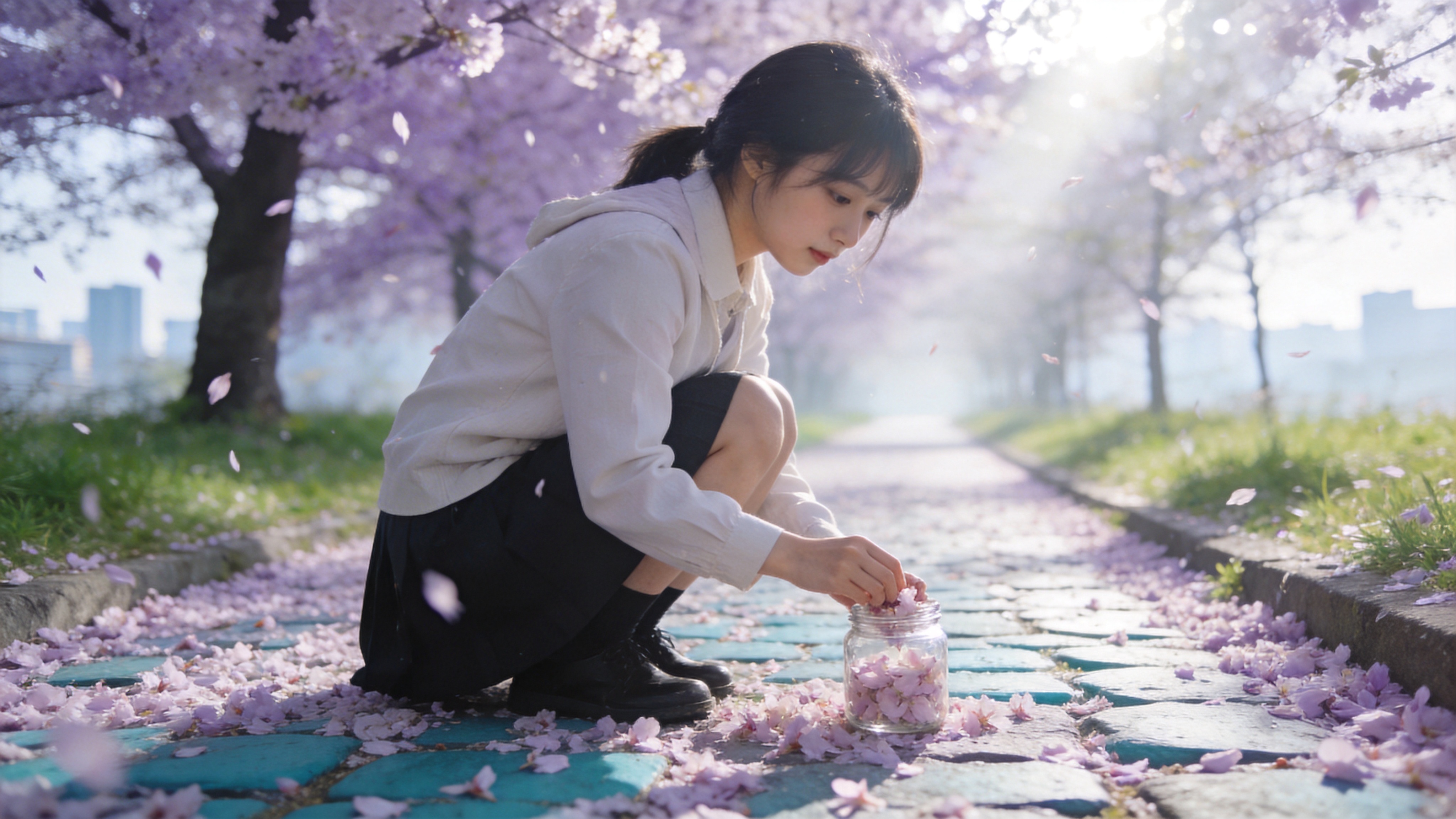 2026年4月5日的清晨，一片盛开的晚樱林，花瓣呈现出淡淡的粉紫色，微风拂过，花瓣如雨般飘落。画面中央是一条铺满落花的青石板小径，延伸至远方。一位穿着现代春装的女孩正蹲在路边，手里拿着一个透明的玻璃罐，小心翼翼地收集地上的樱花，她的眼神温柔而专注。阳光透过稀疏的树叶洒下斑驳的光影，空气中弥漫着清新的春日气息，背景是虚化的嫩绿草地和远处若隐若现的城市轮廓。

日系清新摄影风格，使用佳能 EOS R5 拍摄，85mm f/1.2 镜头。画面具有极高的清晰度和细腻的质感，焦外虚化柔和唯美。色调偏冷白与淡粉的结合，低对比度，高明度，营造出一种通透、干净、治愈的春日氛围。光线为柔和的漫射光，强调空气感。