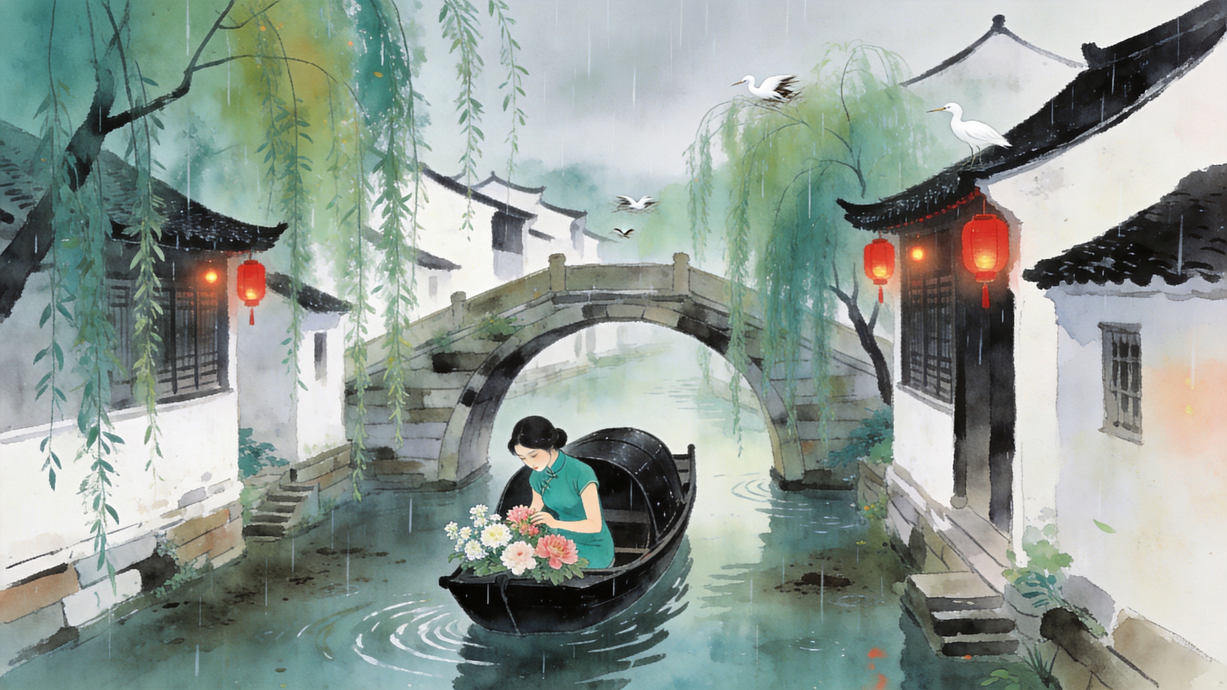 画面定格在暮春初夏的江南水乡，细雨如丝，空气中弥漫着湿润的泥土气息。一艘乌篷船缓缓穿过古老的石拱桥，船头坐着一位身着青绿色旗袍的女子，她正低头轻嗅手中捧着的一束刚采摘的晚香玉和芍药。两岸的垂柳枝条垂入水中，随着微波轻轻荡漾，背景是错落有致的白墙黛瓦，屋檐下挂着几盏未点亮的红灯笼。远处隐约可见几只归巢的白鹭，整个场景宁静而充满诗意，完美诠释了'谷雨'时节的生机与柔美。

新中式唯美插画风格，融合了工笔画的细腻线条与水彩画的通透质感。色调以青绿、淡墨和暖白为主，营造清冷而温润的氛围。光影处理柔和，强调雨天的漫射光效果，画面具有电影般的景深感，细节精致，如同精致的琉璃艺术品。