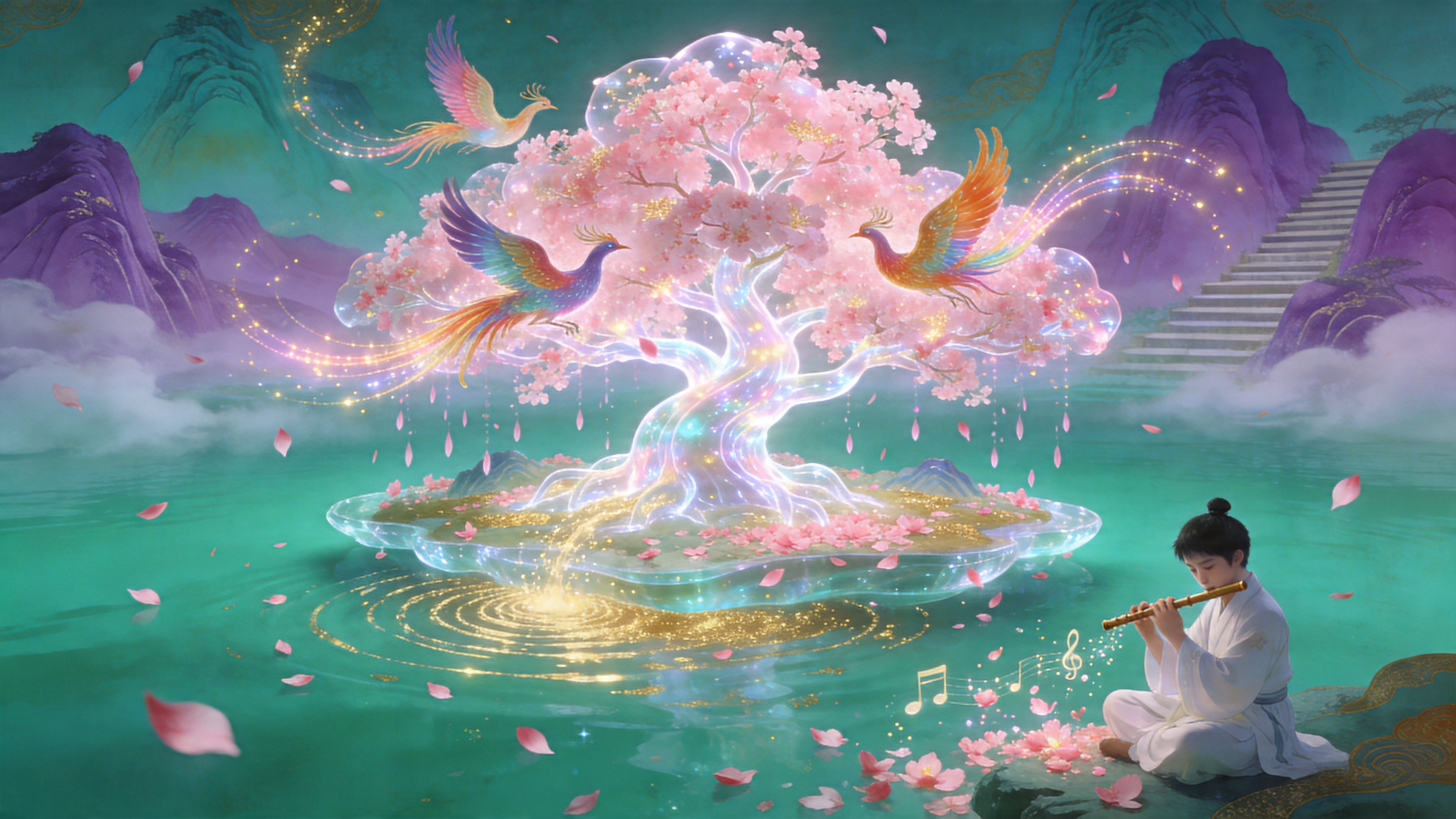 这是一幅描绘2026年4月18日暮春时节的梦幻风景图。画面中心是一座巨大的、由发光的半透明樱花树构成的岛屿，悬浮在碧绿的湖面上。粉色的花瓣如雨般缓缓飘落，落在湖面激起层层金色的涟漪。几只长着绚丽羽毛的凤凰正在树冠间盘旋，尾羽拖曳出流光溢彩的轨迹。远处的山峦呈现淡紫色，云雾缭绕，仿佛是通往仙境的阶梯。湖边坐着一位身着古风白衣的少年，正低头吹奏玉笛，笛声化作肉眼可见的音符，与花瓣共舞。

新中式国潮奇幻风格，融合了敦煌壁画的色彩与数字艺术的精度。色调以青绿山水为底色，点缀高饱和度的粉色荧光和金色流光。光影处理采用体积光，营造神圣而空灵的氛围。材质强调水晶般的通透感与丝绸的柔顺感，画面具有极强的装饰性和电影级的景深感。