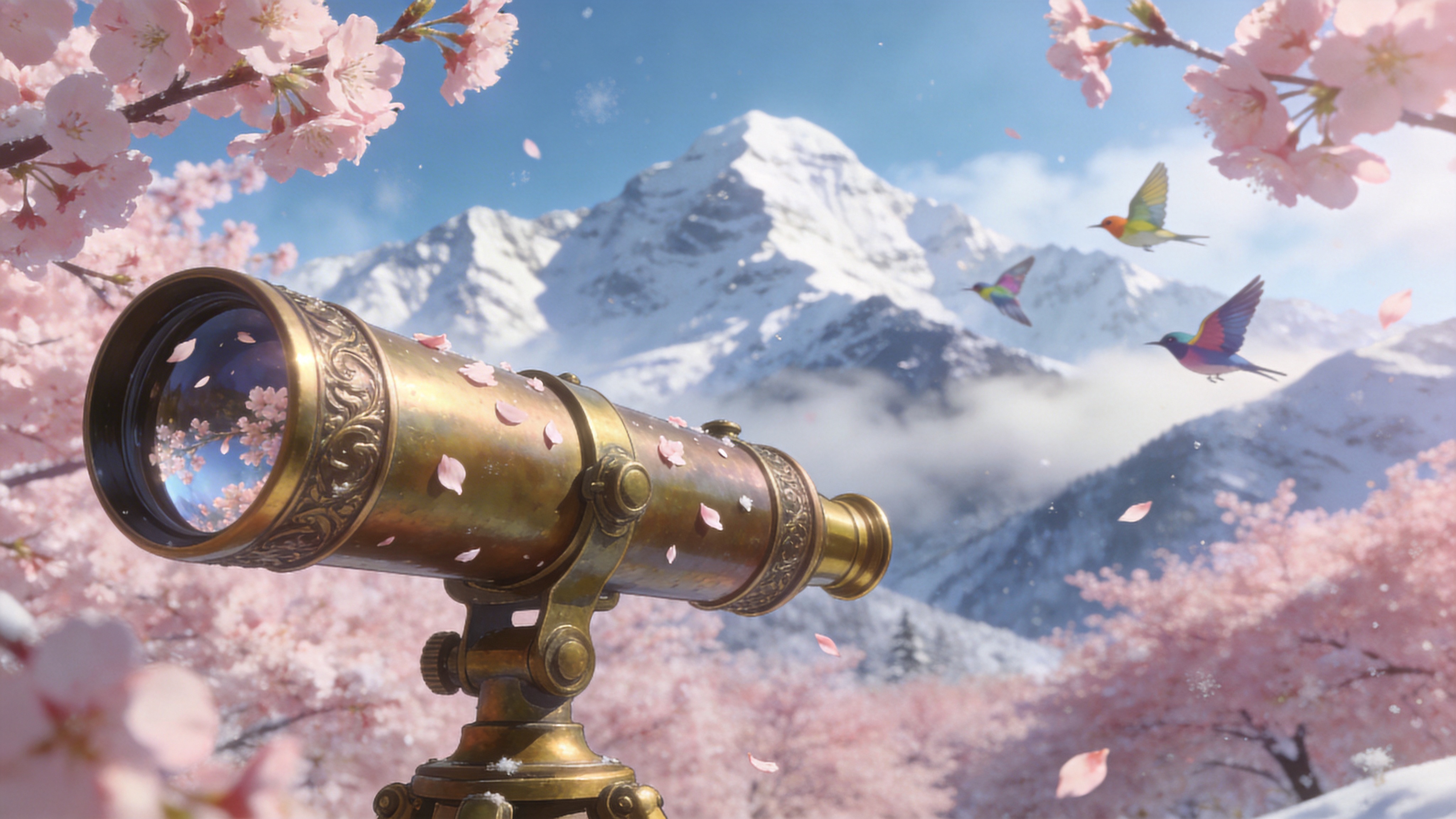 2026年3月19日的春分时节，一片梦幻般的粉色樱花林。前景是一架精致的老式黄铜望远镜，镜头朝向远处的雪山，镜筒上映着飘落的樱花瓣。背景是连绵起伏的雪山，山顶覆盖着皑皑白雪，山腰间云雾缭绕，与前景的樱花形成强烈的冷暖对比。几只色彩斑斓的春鸟正穿过花枝，空气中似乎弥漫着淡淡的花香和清冽的雪气，画面充满了生机与静谧的探索感。

超写实主义摄影风格，8K分辨率，极其细腻的微距质感。光影采用柔和的侧逆光，营造出电影般的景深效果，背景虚化如奶油般顺滑。色彩上以樱花的嫩粉、雪山的冷白和望远镜的古铜金为主色调，色调清新透亮，仿佛宫崎骏电影中的场景，充满治愈感。