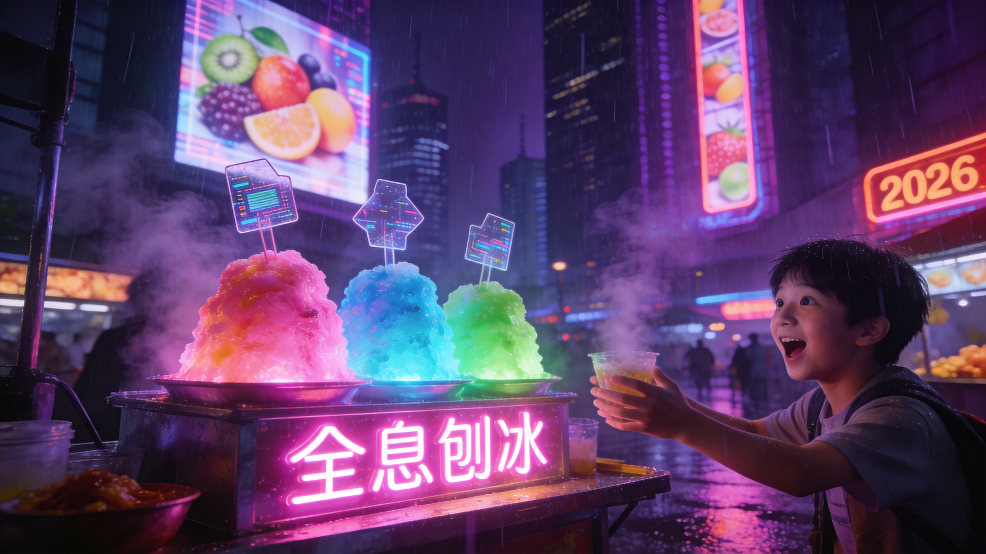 一个充满未来感的露天美食摊位，位于繁华的赛博朋克城市夜市中。时间是2026年5月的一个雨夜，摊位上售卖着发光的‘全息刨冰’。刨冰呈现出奇异的霓虹色彩——荧光粉、电光蓝和酸性绿，顶部插着一块形状不规则的透明数据芯片作为装饰。热气腾腾的蒸汽与周围的雨水交织在一起，背景是高耸入云的摩天大楼和巨大的全息广告牌，广告牌上正播放着时令水果的广告。一位年轻的顾客正伸出手接过这碗充满科技感的冰品，脸上洋溢着惊喜的笑容。

赛博朋克概念艺术风格，强调高对比度和强烈的色彩冲突。主色调为深紫色的夜背景与高饱和度的霓虹灯光。光影效果戏剧化，采用体积光和湿滑路面的反光效果。材质上强调金属、玻璃和全息投影的质感。画面具有电影级的景深，虚化背景中的霓虹灯牌，聚焦于食物的诱人细节，充满科技美学与烟火气的碰撞。