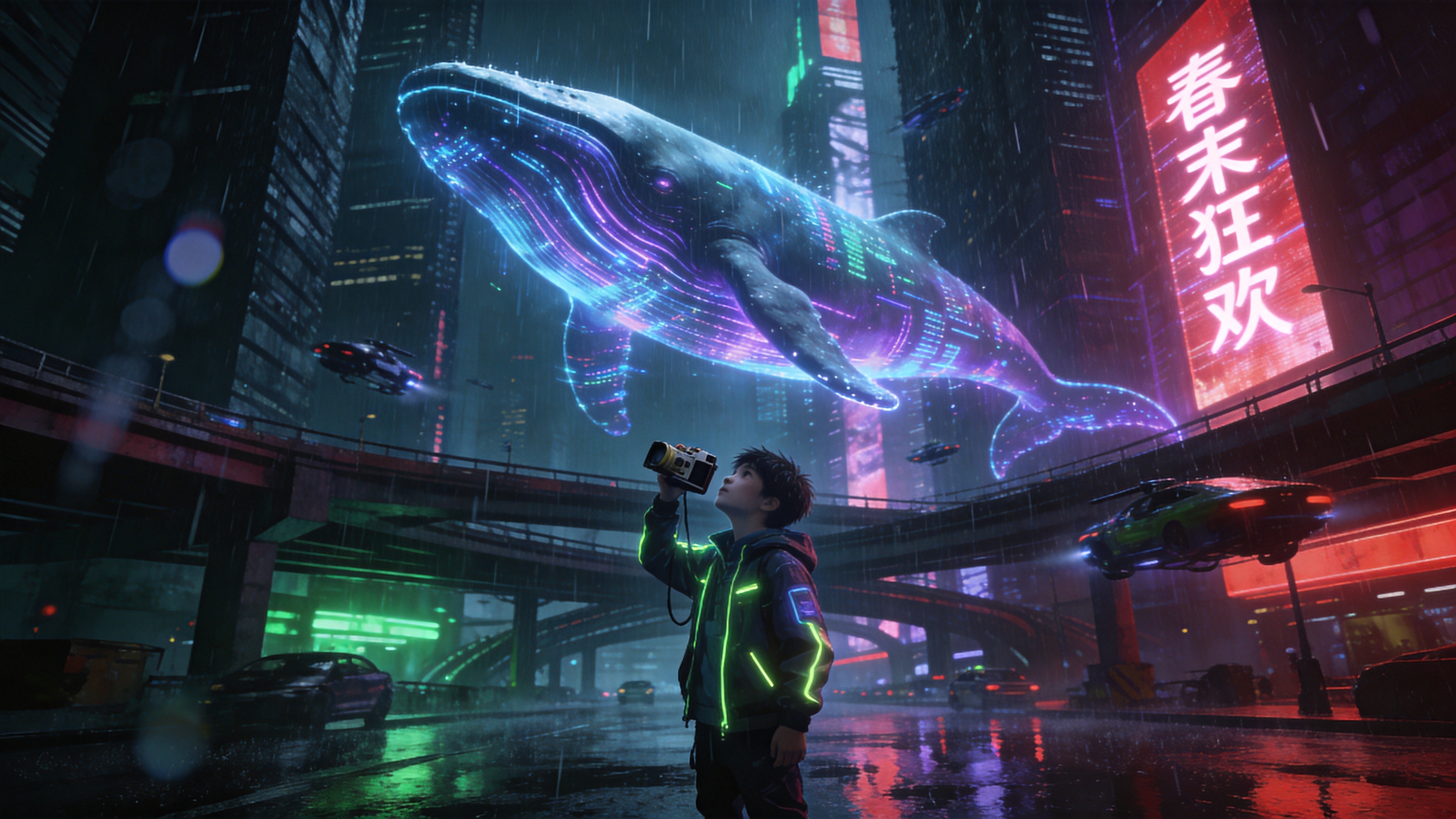 这是一幅充满未来主义色彩的赛博朋克夜景，设定在 2026 年的超级都市。巨大的全息投影鲸鱼在摩天大楼之间游弋，它的身体由无数流动的霓虹数据流构成，散发着幽蓝和紫色的光芒。街道上积着雨水，反射着头顶复杂的立交桥和穿梭的悬浮飞车。一个穿着发光机能风夹克的少年站在雨中，手中拿着一台复古胶片相机，正仰拍这条巨大的数据鲸鱼。背景中可以看到巨大的全息广告牌，上面写着'春末狂欢'的字样，雨水打在镜头上形成朦胧的光斑。

高精度的赛博朋克概念艺术，风格类似《银翼杀手2049》。强烈的冷暖对比色调，以霓虹青、洋红和深黑色为主。强调体积光和辉光效果，雨丝具有锐利的质感。采用广角镜头视角，增强视觉冲击力和压迫感，纹理细腻，具有极强的科技感和虚构的真实感。