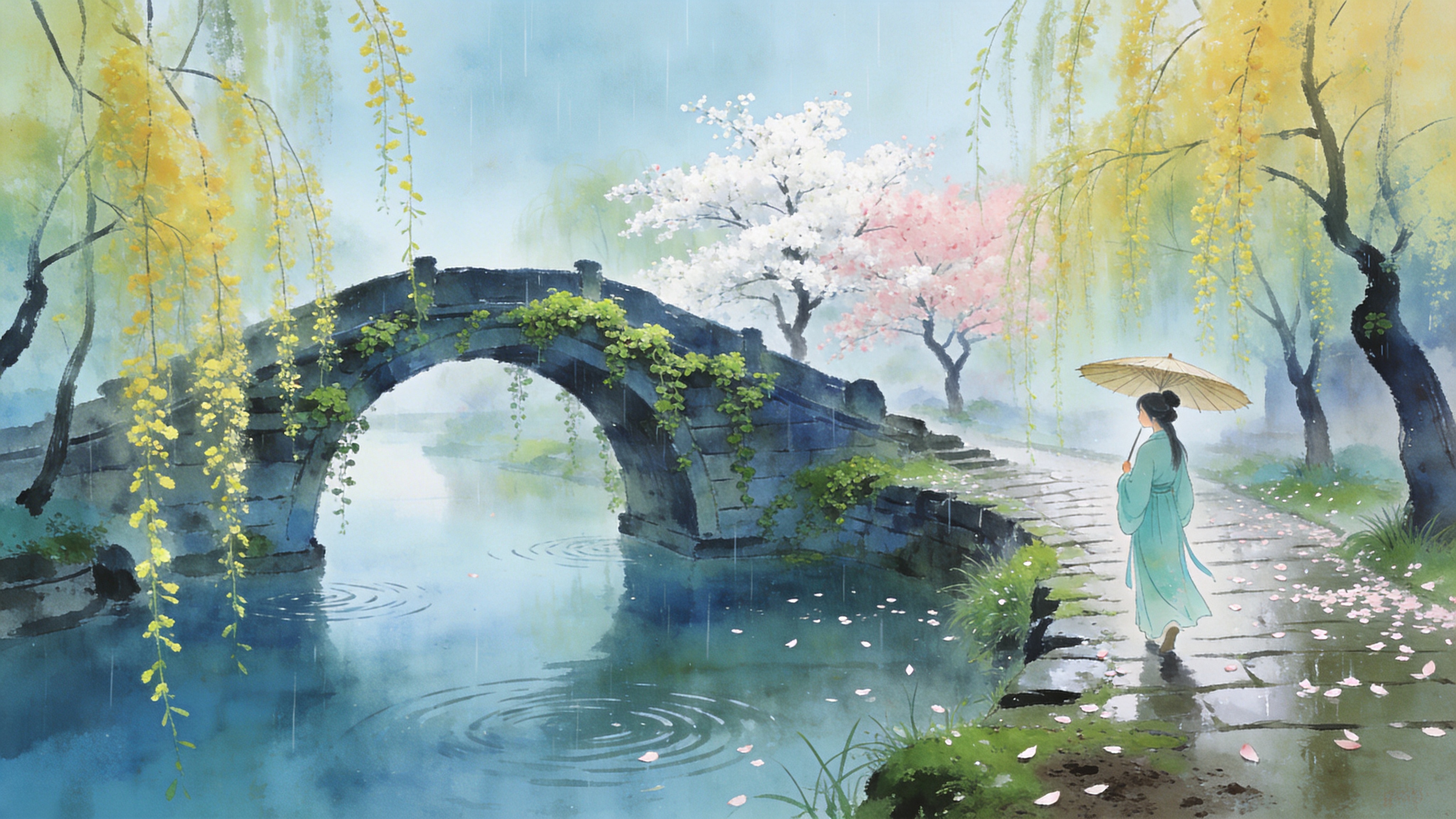 早春三月，微雨初歇。画面中心是一座跨越静谧河流的古老石拱桥，桥身爬满了刚刚复苏的嫩绿青苔与藤蔓。两岸的垂柳抽出鹅黄色的新芽，细长的柳枝随风轻拂水面，泛起层层涟漪。远处几树早樱正开得烂漫，粉白色的花瓣如云似霞，偶尔飘落几片在湿润的青石板路上。一位身着淡青色汉服的少女撑着一把绘有山水的油纸伞，正缓缓走过桥头，回眸凝视，神态温婉。空气中弥漫着湿润泥土和草木清香的气息，整个场景充满了江南水乡特有的春日生机与诗意。

新中式国风水墨风格。色彩以淡雅的青色、黛蓝、鹅黄和粉白为主调，营造出清冷而明媚的春日氛围。采用湿画法表现雨后的朦胧感，水墨晕染自然，虚实相生。光影柔和漫射，强调空气透视感。笔触细腻流畅，既有传统水墨的韵味，又融合了现代插画的精致度，画面留白处富有意境，如同宣纸上的工笔淡彩。