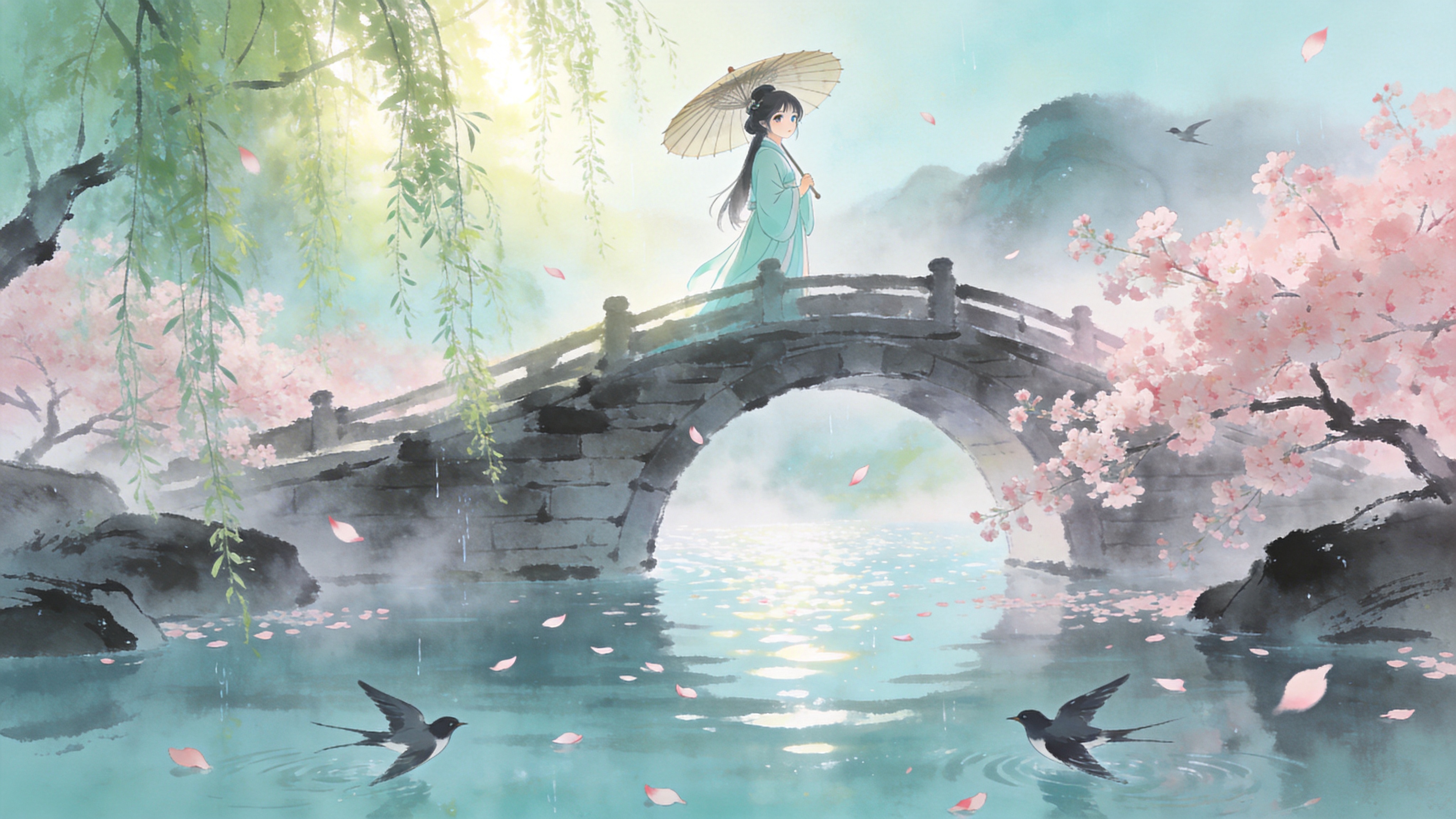 早春的清晨，阳光透过嫩绿的柳枝洒在波光粼粼的湖面上。画面主体是一座古朴的石拱桥，桥上有一位穿着淡青色汉服的少女，正撑着一把油纸伞回眸，眼神清澈。岸边盛开着大片的粉色樱花，花瓣随风飘落在水面上，几只燕子正掠过水面，远处是若隐若现的黛色山峦，空气中弥漫着湿润的水汽和花香。

新中式国潮插画风格，结合了传统水墨的晕染技法与现代赛璐璐上色。色彩以淡青、樱粉、水墨灰为主调，光影柔和通透，线条流畅灵动。画面具有工笔画的细腻细节，同时保留了水墨画的意境留白，呈现出一种唯美、清冷且充满诗意的东方美学质感。