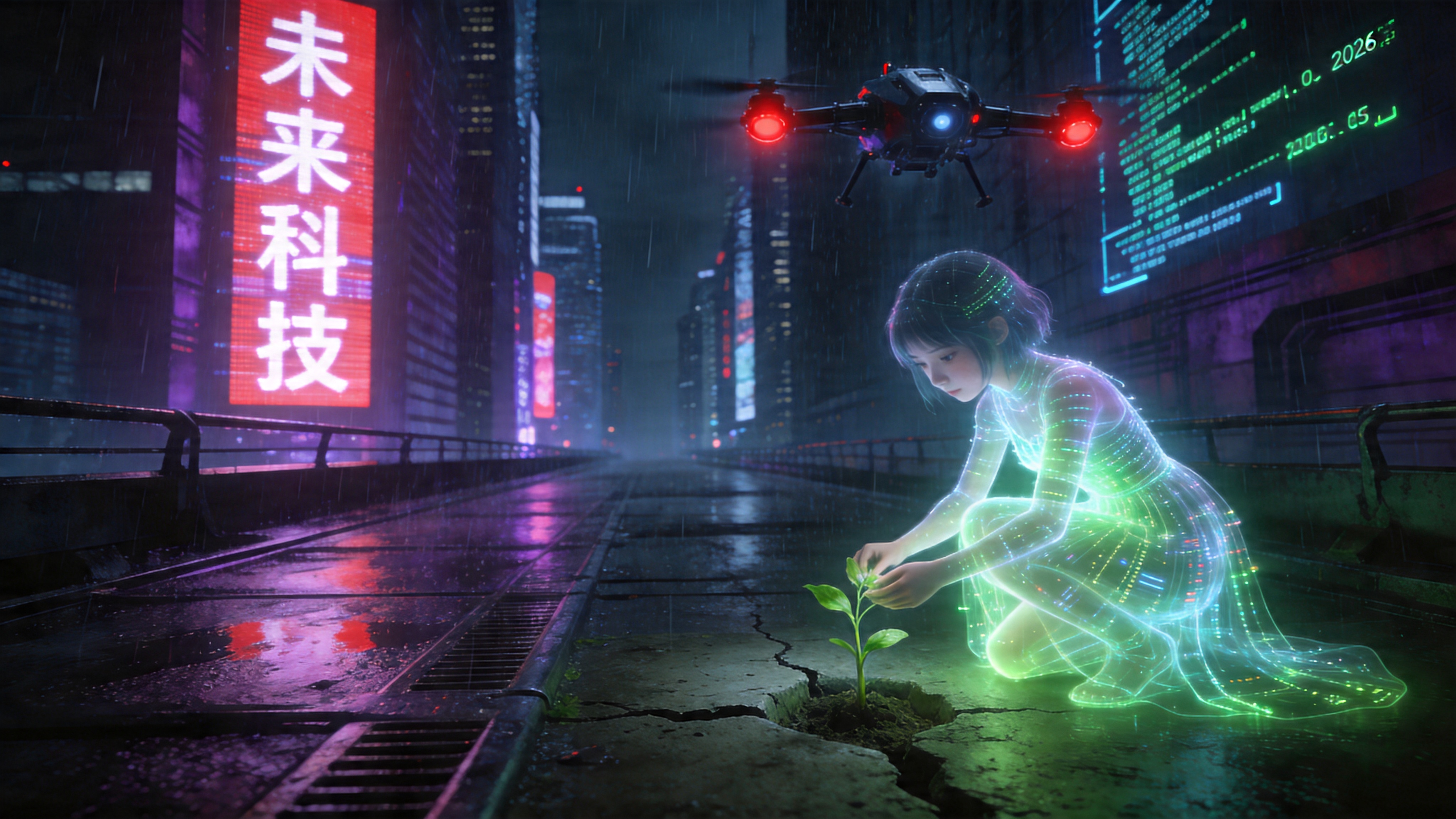 一个充满未来感的赛博朋克城市夜景，设定在2026年的晚春时节。天空下着淅淅沥沥的酸雨，雨水在霓虹灯的反射下呈现出迷幻的紫红色。画面主体是一个半透明的全息投影少女，她穿着由流动的数据流构成的发光礼服，正蹲在湿漉漉的金属街道上，小心翼翼地呵护着一株从混凝土裂缝中顽强生长出来的嫩绿幼苗。周围是高耸入云的摩天大楼，墙壁上布满了巨大的全息广告牌，闪烁着汉字和代码。机械警察无人机在头顶盘旋，红色的警示灯与少女温柔的绿色光芒形成强烈对比。

概念艺术与赛博朋克风格，强烈的冷暖色调冲突。高对比度，暗部深邃，亮部刺眼。质感上强调金属的冷硬、雨水的潮湿以及全息投影的颗粒感。光影戏剧化，体积光突出。整体画面具有电影海报般的张力，展现科技与自然生命的对立与共生。
