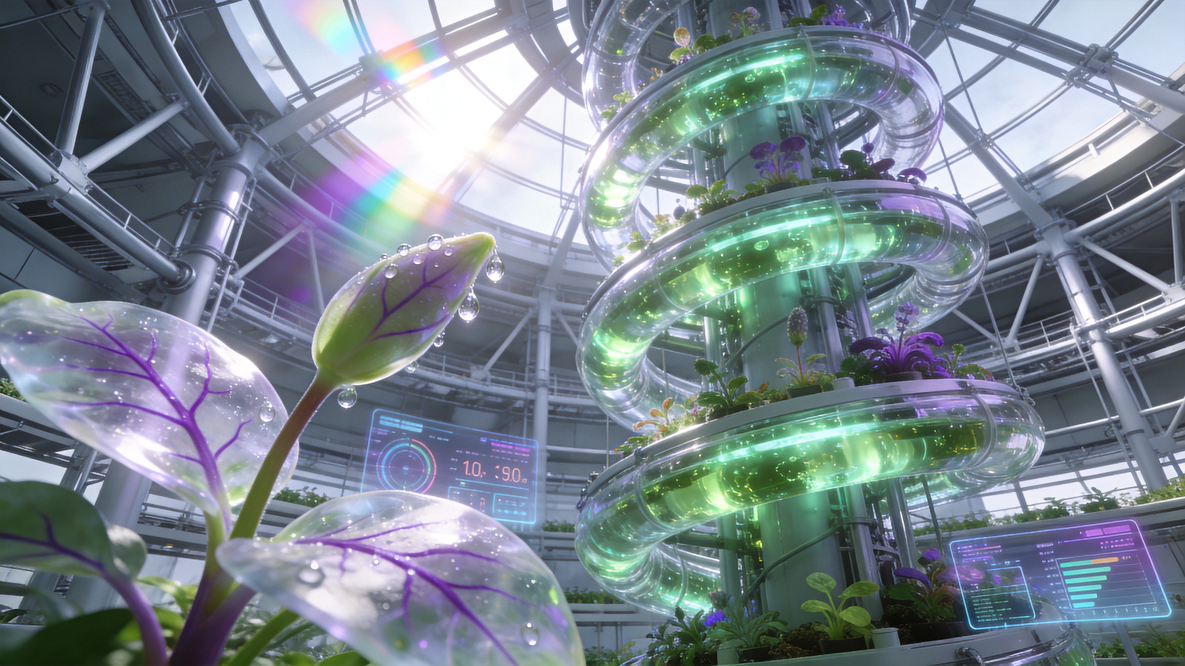 一个极具未来感的垂直农场内部，巨大的螺旋状透明管道中流淌着翠绿的发光营养液，培育着各种奇异的太空植物。前景是一株长着半透明叶片和紫色脉络的初春嫩芽，正在缓缓舒展，叶尖挂着晶莹的露珠。背景是错综复杂的银白色金属支架和全息数据面板，显示着生长指标。阳光通过穹顶折射进来，形成彩虹般的光斑，科技与生命在此刻完美交融。

3D 概念艺术风格，C4D 与 Blender 渲染质感。强调材质的对比，植物的通透感与金属的冷冽感。光影为体积光，色调以银灰、荧光绿、电光紫为主。超高清细节，景深效果，极具视觉冲击力，展现赛博生态的冷峻美感。