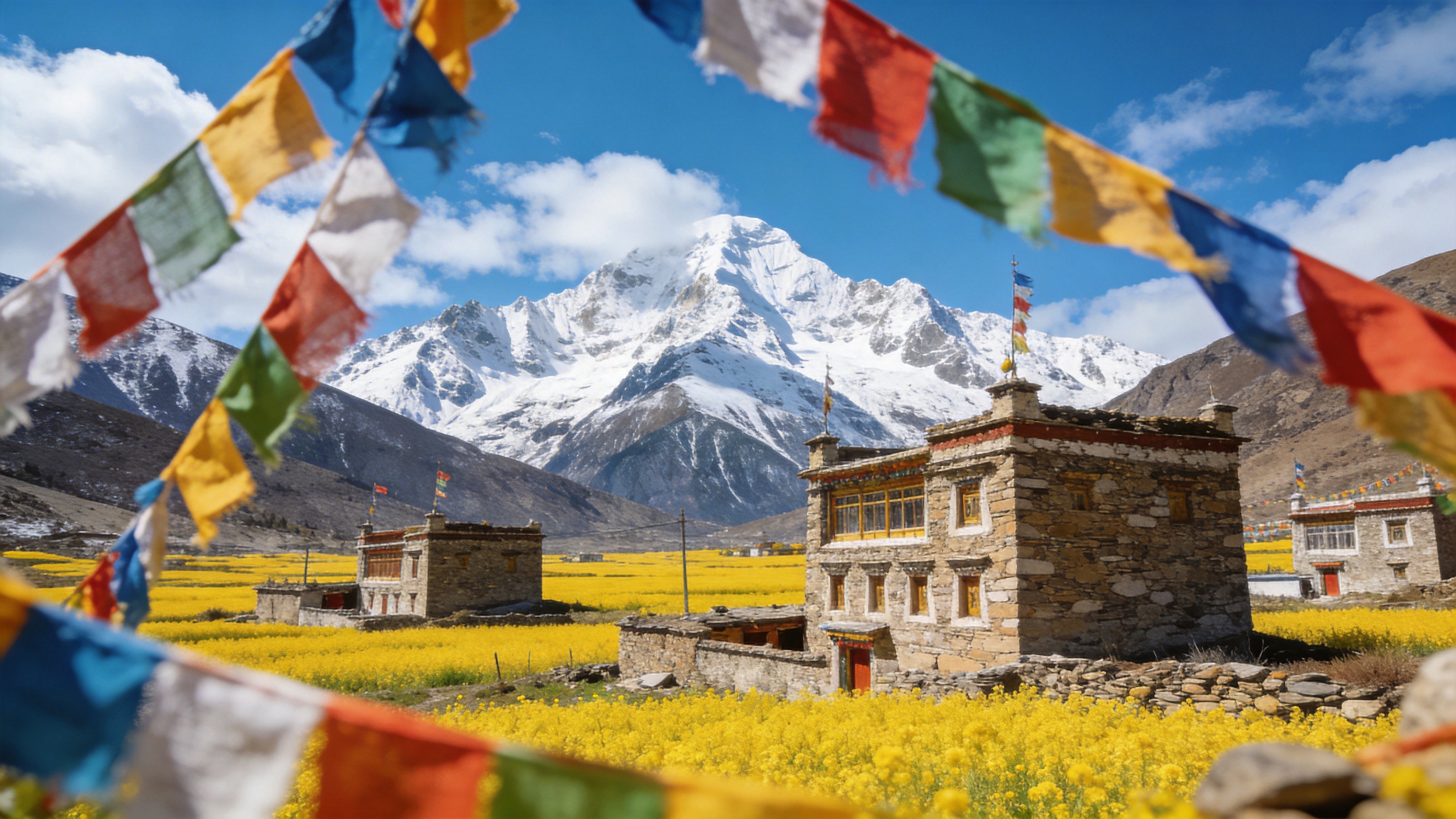 初春的雪山脚下，一片金黄色的油菜花海与山顶的积雪形成鲜明对比，蓝天白云下，几栋藏式石楼错落有致，经幡在风中飘扬，色彩浓烈。

风光摄影，广角镜头，高饱和度，极致的清晰度，自然光，层次分明，明信片画质，佳能移轴镜头拍摄。