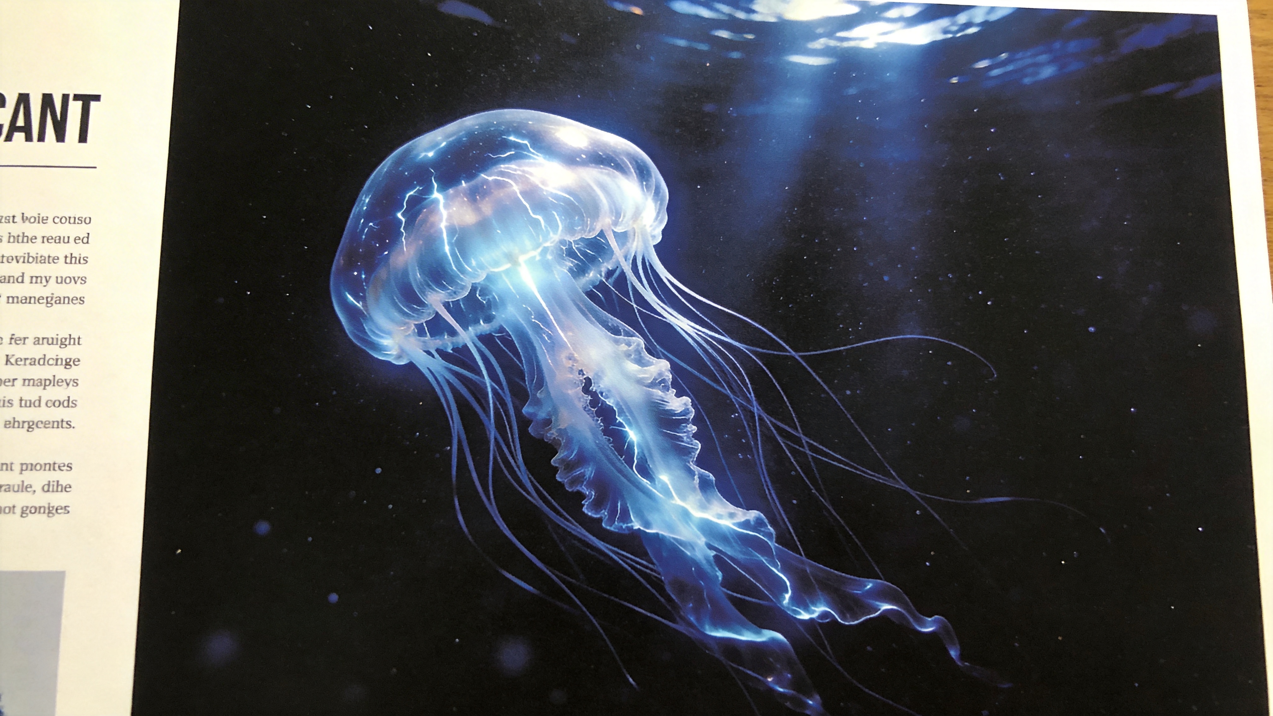 一只深海发光水母，透明的伞状体内闪烁着电光蓝的生物光，触须像丝绸一样在黑暗的海水中飘动，周围是深邃的黑色海水，只有几束微弱的阳光从海面射入。

海洋生物摄影，黑色背景，主体发光，高对比度，神秘幽静，慢门拍摄效果，丝绸般的流体感，蓝色主调，国家地理海洋专刊。