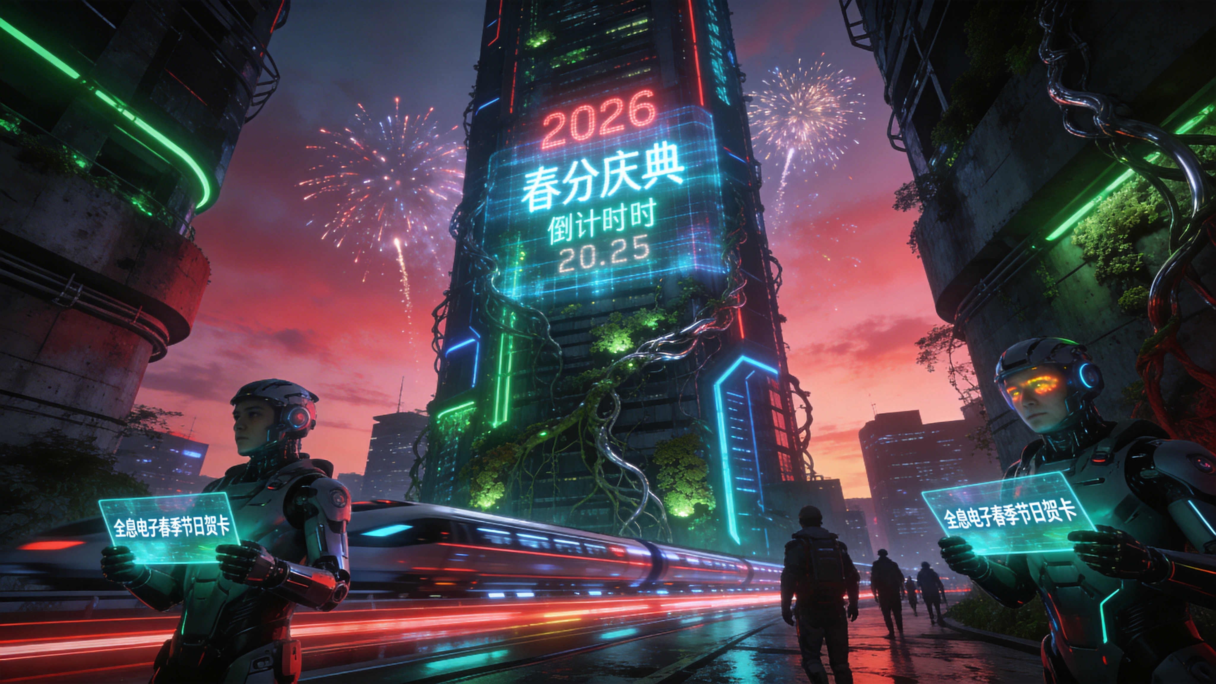 一座充满未来感的垂直生态塔楼，矗立在 2026 年的超级都市中心。此时正值傍晚，巨大的全息投影在空中投射出倒计时和春分庆典的虚拟烟花。塔楼外墙覆盖着发光的转基因苔藓和金属藤蔓，随着呼吸般的节奏闪烁着霓虹绿与电光蓝。画面下方是繁忙的磁悬浮车道，流光溢彩；几个身穿轻量化机甲的路人正抬头仰望，他们的手中拿着全息电子春季节日贺卡，脸上映照着赛博朋克特有的冷暖对比光。

硬核赛博朋克概念艺术，融合了生物科技与机械美学。强调高对比度的冷暖色调碰撞（品红、青色与深黑），使用体积光和辉光特效来增强科技感。材质上强调湿润的金属表面、粗糙的混凝土和发光的有机组织。视角为广角仰视，展现建筑的压迫感与未来的宏大叙事，细节丰富，锐度极高。