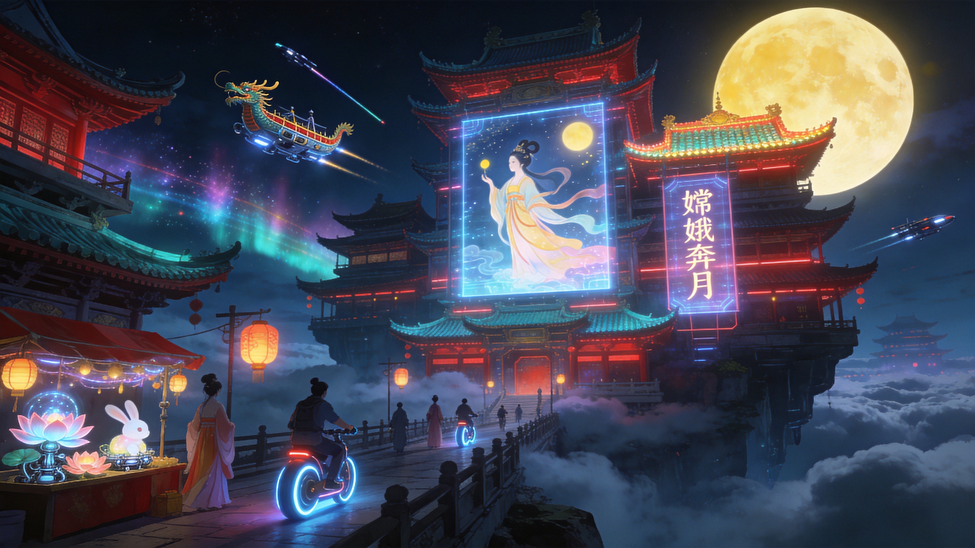 一个充满东方韵味的未来集市，悬浮在云海之上的古老楼阁建筑群。巨大的全息投影屏幕悬挂在飞檐翘角之间，屏幕上播放着立体的嫦娥奔月影像。街道上，身穿改良汉服的行人骑着发光的独轮车穿梭，摊位上摆放着机械荷花和流光溢彩的玉兔灯笼。天空中飘浮着几条机械龙舟，飞船留下的尾迹化作绚丽的极光。中秋的圆月巨大而明亮，占据了画面的右上角，月光洒落在霓虹闪烁的琉璃瓦上，融合了传统神话与高科技的赛博美学。

赛博朋克与新国潮插画的结合体。色彩浓烈且具有冲击力，以深蓝、洋红、青色为主色调，辅以大面积的暗部阴影来衬托发光的霓虹灯效。线条硬朗流畅，建筑细节繁复华丽。光影效果强调体积感，具有类似《爱，死亡和机器人》中的概念艺术质感，既神秘又繁华。