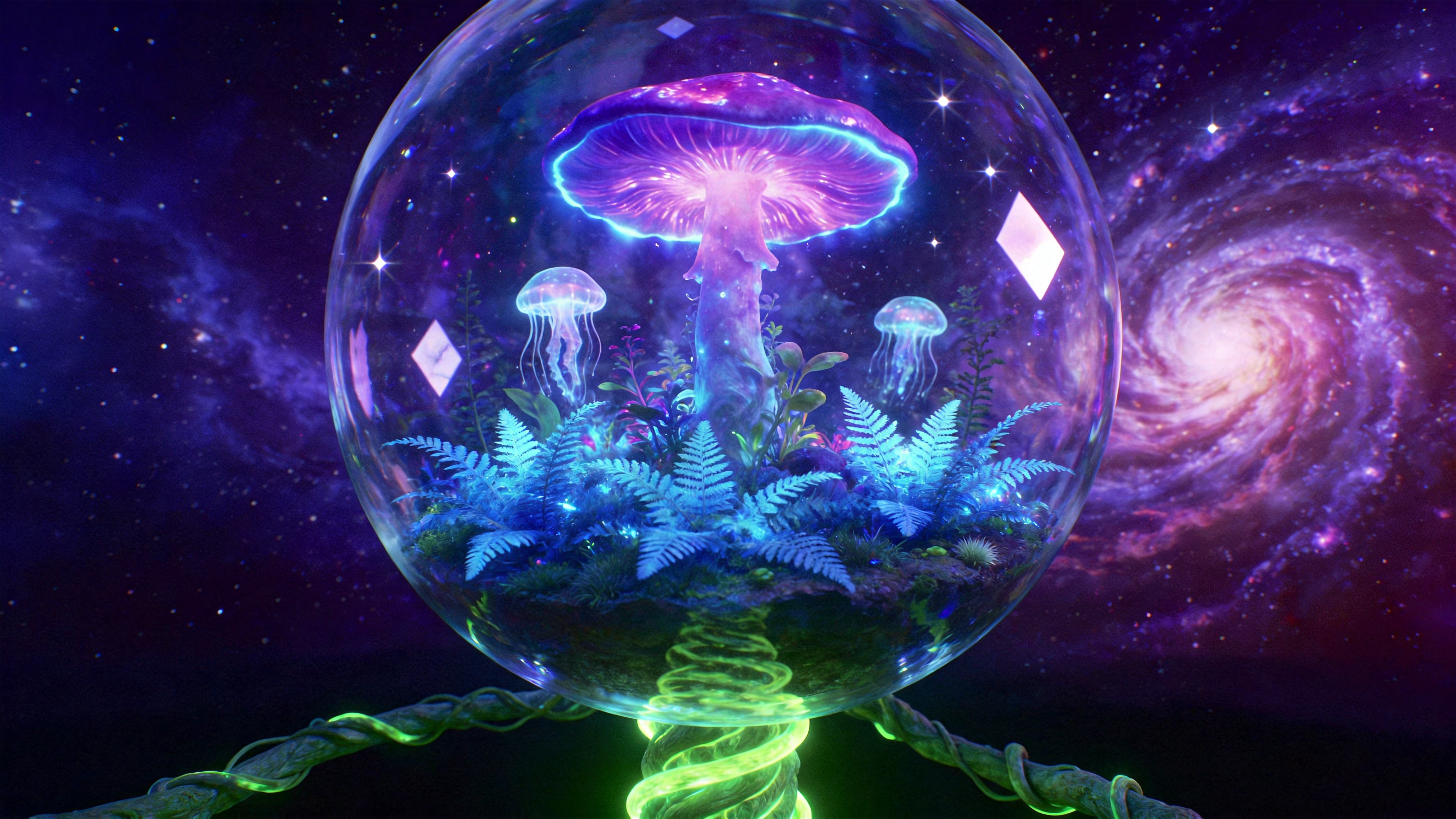 一个巨大的、漂浮在空中的半透明玻璃气泡，内部是一个微缩的奇幻雨林景观。气泡内部生长着发光的蓝色蕨类植物和紫色的巨型蘑菇，几只半透明的发光水母在植物间悠闲游动。气泡外部是深邃的星空和星云，气泡表面反射着冷冽的星光。气泡底部连接着一根发光的藤蔓，一直延伸到下方不可见的深渊，象征着梦境与现实的连接。

3D 奇幻概念艺术，风格类似 C4D 和 Octane Render 渲染。材质强调玻璃的折射率、植物的绒毛感和发光材质的通透感。光影采用体积光和生物发光效果，色调以深紫、霓虹蓝和荧光绿为主，画面极具超现实感和科技美学，构图中心对称，视觉冲击力强。