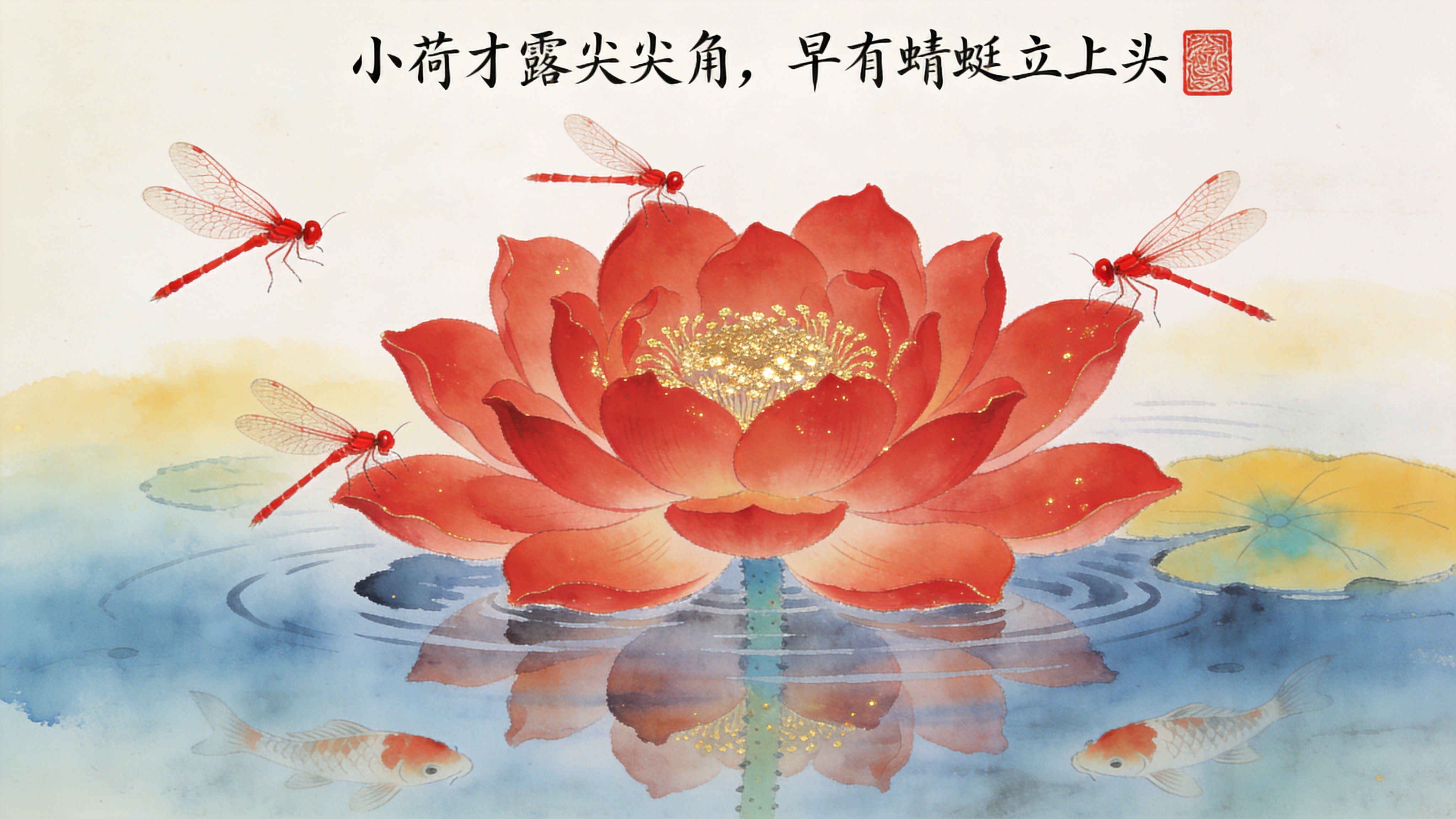 画面中央是一朵在初夏盛开的红莲，花瓣层层叠叠，色泽如红宝石般娇艳欲滴，花蕊处散发着金色的微光。几只红色的蜻蜓正停在花瓣上，翅膀薄如蝉翼，纹理清晰可见。水面平静如镜，倒映着莲花的倒影，水底隐约可见游动的锦鲤。画面留白处题写着关于初夏的古诗，印章点缀其间。整体意境静谧、高雅，仿佛时间在这一刻静止，传达出东方美学的禅意。

新中式工笔画风格，结合传统水墨韵味。线条流畅细腻，色彩典雅，以朱砂、藤黄和花青色为主，强调色彩的晕染和过渡。纸质肌理明显，带有淡淡的宣纸底色。光影柔和，不追求强烈的立体感，而是注重气韵生动和构图的平衡，具有浓厚的文化底蕴和艺术收藏价值。
