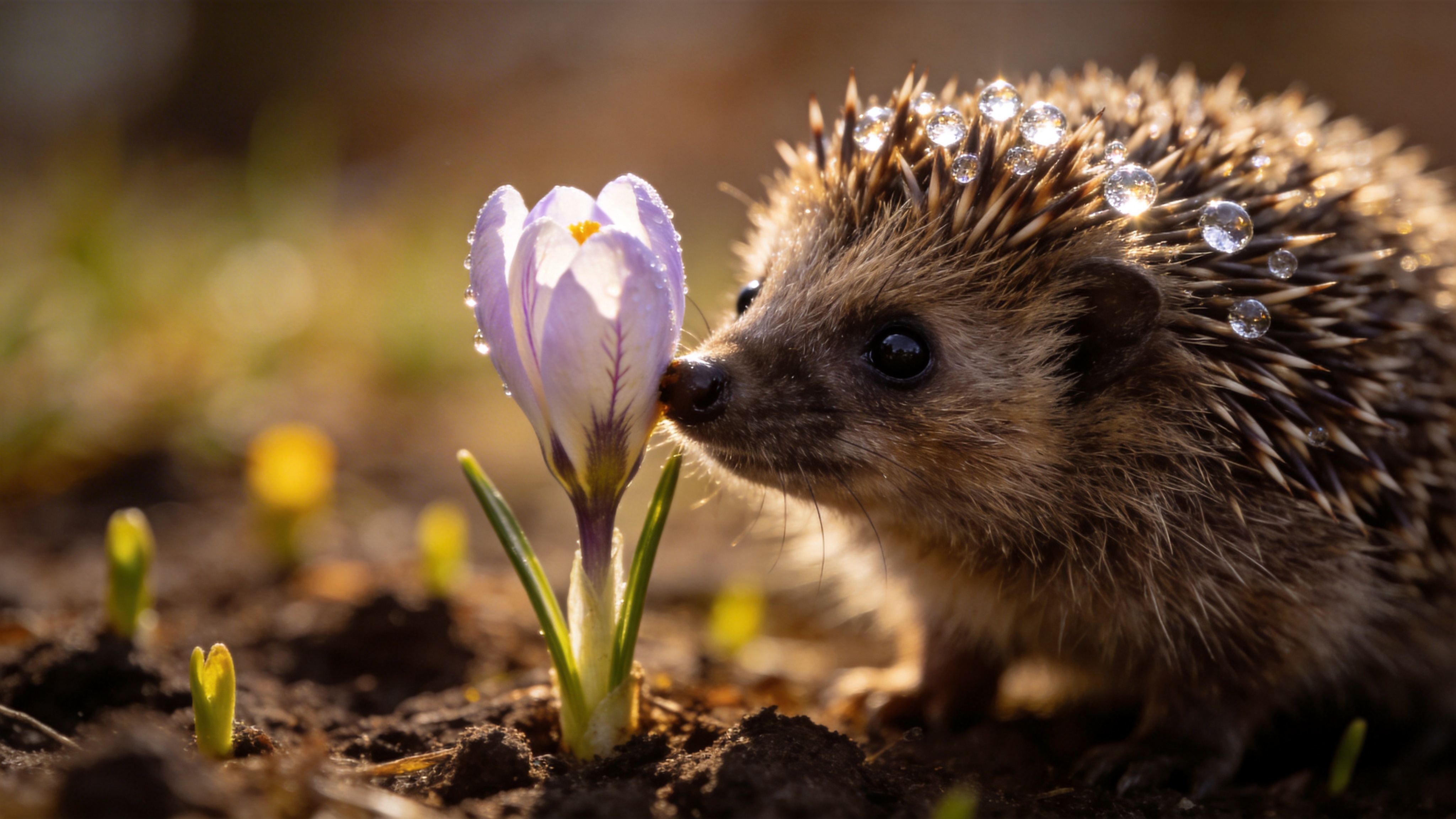 特写镜头下，一只刚从冬眠中苏醒的刺猬，正小心翼翼地用鼻子嗅着一朵刚刚绽放的野生番红花。刺猬的尖刺上挂着几颗清晨的露珠，在逆光下闪闪发光，像是一颗颗钻石。背景是虚化的初春草地，泥土呈现出深褐色，零星点缀着嫩黄的新芽。刺猬黑豆般的眼睛里充满了好奇与懵懂，憨态可掬的模样充满了治愈感，捕捉到了自然界生命复苏的可爱瞬间。

微距摄影风格，追求极致的细节与景深效果。采用大光圈虚化背景，焦点极其清晰，能够看清刺猬刺上的纹理和花瓣的脉络。色调温暖柔和，带有胶片摄影的颗粒感和淡淡的棕褐色暖调，光影自然温馨，仿佛是一张获奖的自然生态摄影作品。