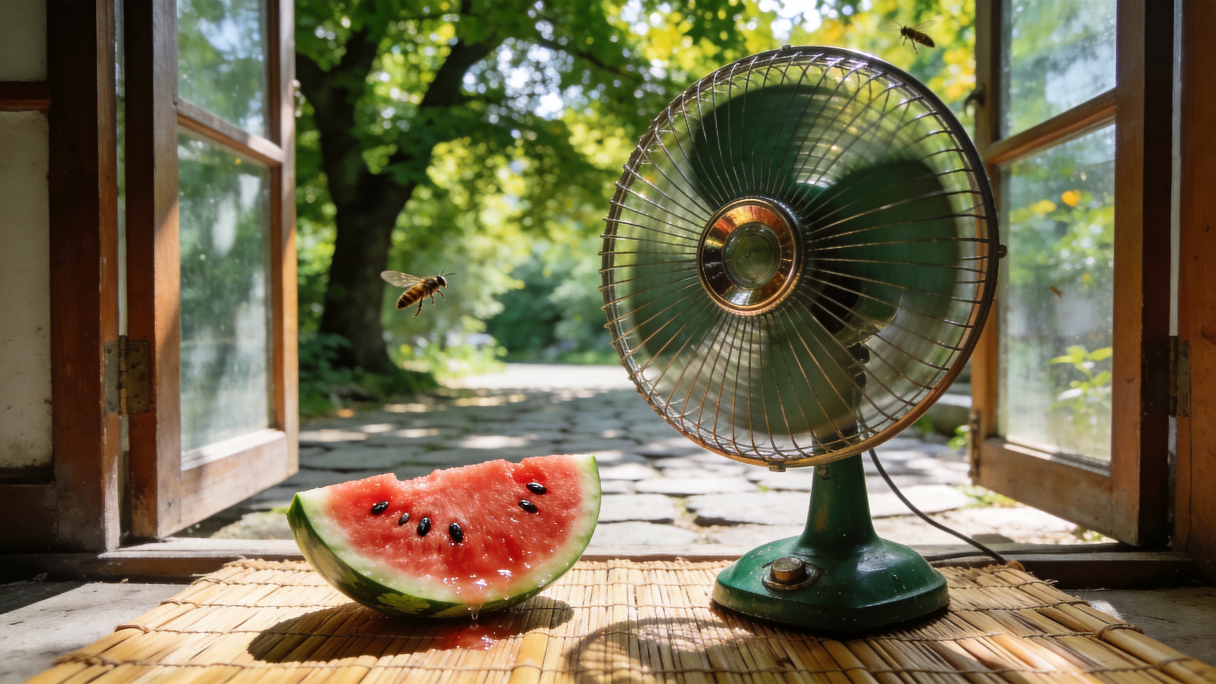 盛夏的午后，阳光透过茂密的梧桐树叶，在青石板路上洒下斑驳的光影。画面中央是一台复古的深绿色电风扇，正在缓缓转动，扇叶边缘泛着金属的光泽。电风扇旁的竹席上，放着半个切开的红瓤西瓜，西瓜籽清晰可见，汁水仿佛要溢出。背景是半开的木窗，窗外隐约可见蝉鸣的喧嚣和热浪扭曲的空气，整个画面充满了慵懒、清凉的夏日午后气息。

日系清新摄影风格，高饱和度但不过艳，注重光影的通透感。使用柯达 Portra 400 胶片质感，带有细腻的颗粒感。景深较浅，聚焦于电风扇和西瓜，背景虚化柔和。色调以清新的绿色、西瓜红和暖黄色为主，光线自然明亮，给人一种治愈、怀旧的视觉体验。