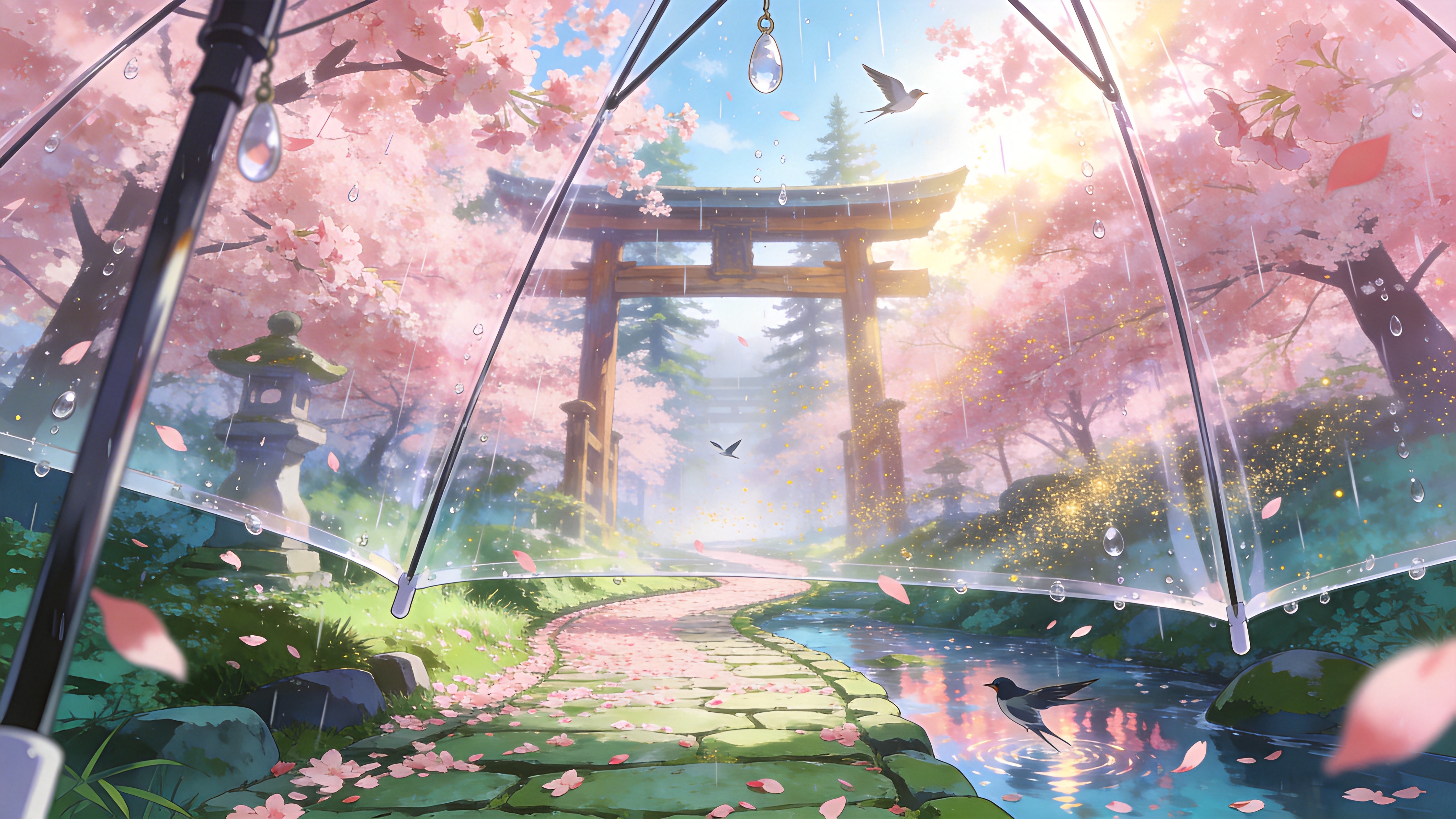 2026年4月初春的清晨，一片盛开的粉色樱花林，花瓣如雨般飘落在蜿蜒的青石板小径上。前景是一把透明材质的雨伞，伞面上挂着晶莹剔透的露珠，透过伞面可以看到远处朦胧的古老木质鸟居。阳光透过树梢洒下斑驳的光影，空气中弥漫着金色的尘埃，几只燕子正掠过水面，波光粼粼的溪流倒映着漫天的花海，画面充满了生机与治愈感。

新海诚动漫风格，超高清8K分辨率，极致的光影渲染，通透的空气感，高饱和度的粉色与青色对比，唯美的构图，强调环境光遮蔽（AO）效果，色彩清新明快，线条流畅细腻，具有电影级的视觉冲击力。