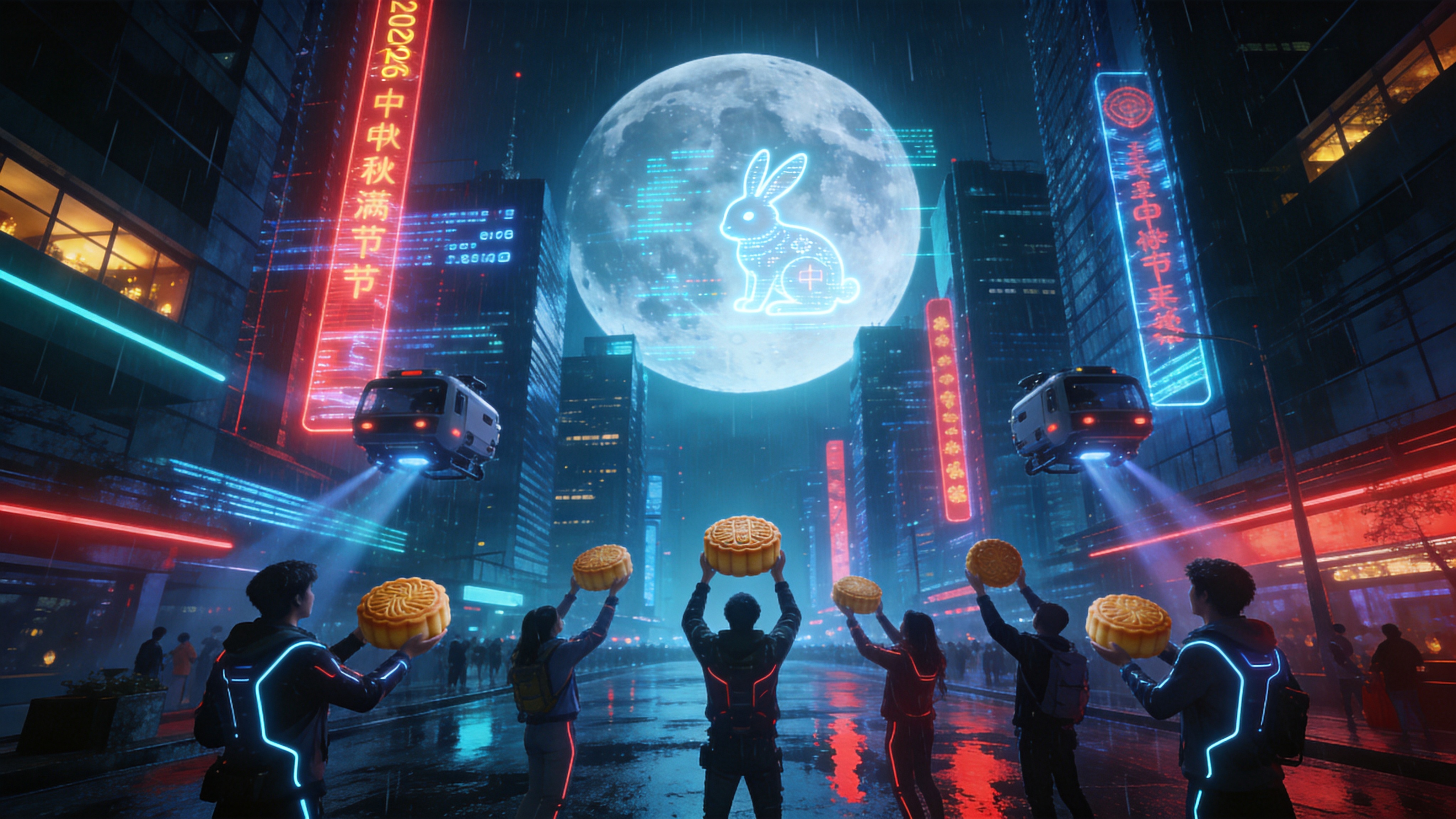 一个宏大的未来城市夜景，时间是2026年的中秋夜。巨大的全息投影月亮悬浮在城市上空，表面甚至能看到数字化的月兔影像。街道两旁是高耸入云的摩天大楼，外墙上流动着霓虹色的滚动数据流和节日祝福。画面下方，一群身穿带有发光线条机能风的年轻人正在举行派对，他们手中的月饼悬浮在半空，无人配送机在楼宇间穿梭，雨后的地面反射着赛博蓝与洋红色的霓虹倒影，充满了科技感与节日喧嚣。

赛博朋克摄影风格，超广角镜头。强烈的对比度，主色调为冷冽的青蓝色与高饱和的洋红色。光线复杂，包含霓虹灯光、全息投影的光束以及建筑内部的暖光。画质具有电影级的颗粒感和锐度，强调金属质感和玻璃的折射效果，视觉冲击力极强，充满未来都市的冷峻与繁华。
