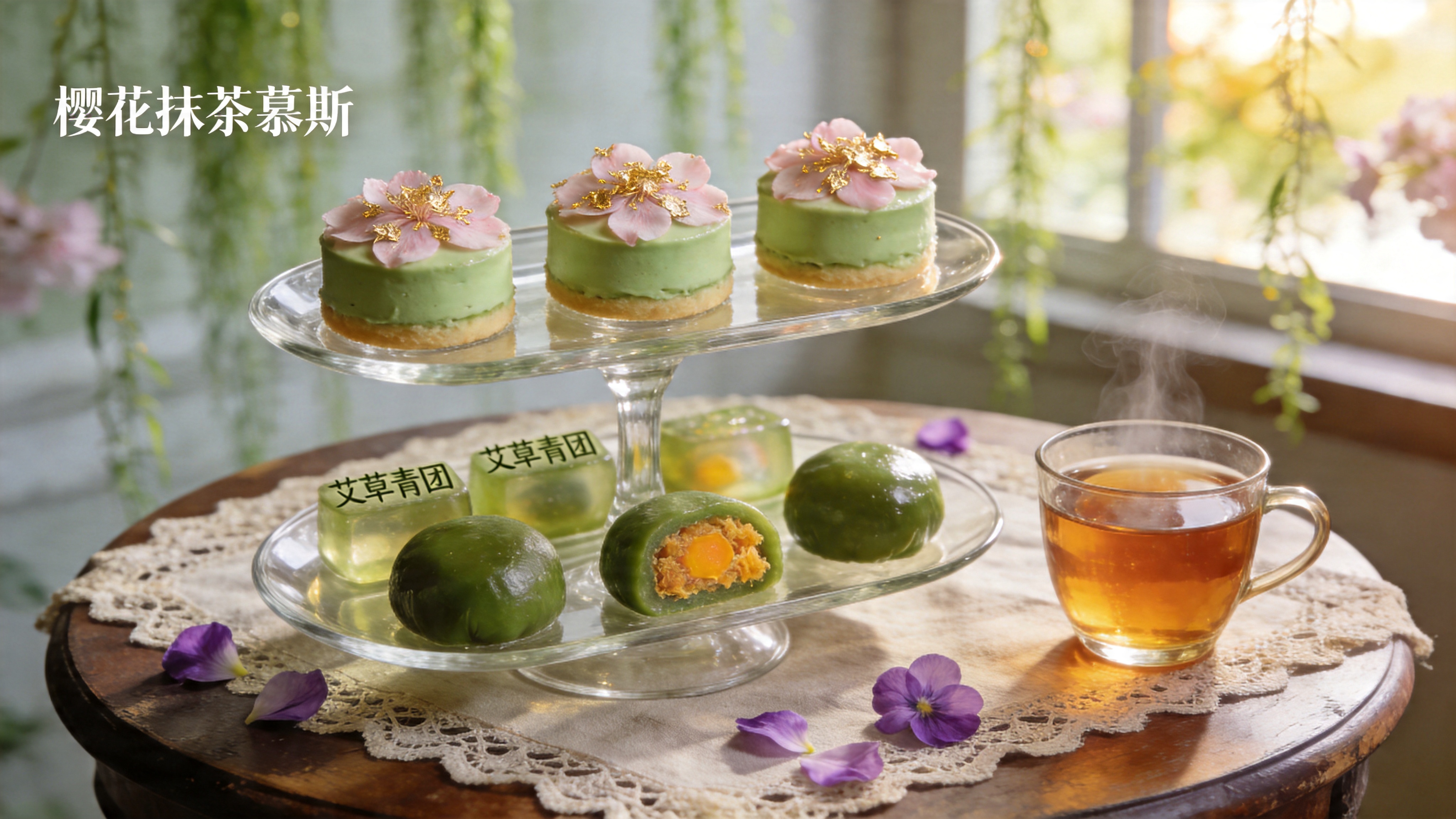 特写镜头展示了一份精致的春日时令下午茶。放置在一张做旧的深胡桃木圆桌上，桌布是有着精致蕾丝边的亚麻材质。画面中央是一个透明的双层玻璃甜点架，第一层摆放着三只造型逼真的“樱花抹茶慕斯”，蛋糕表面撒着可食用的金箔；第二层是几块晶莹剔透的“艾草青团”，隐约透出里面的咸蛋黄肉松馅。旁边配有一杯冒着热气的伯爵红茶，茶汤呈琥珀色。背景虚化处理，隐约可见窗外摇曳的绿柳和明媚的春光，几片新鲜采摘的紫罗兰花瓣散落在桌面上作为点缀。

商业美食摄影风格，f/2.8 大光圈虚化背景，极致的景深效果。采用暖色调的自然光，模拟午后 3 点的侧逆光，在玻璃器皿和甜点表面形成诱人的高光和反光。质感极度真实，强调慕斯的绵密、青团的软糯和玻璃的通透，画面具有高级的奢华感和生活美学。