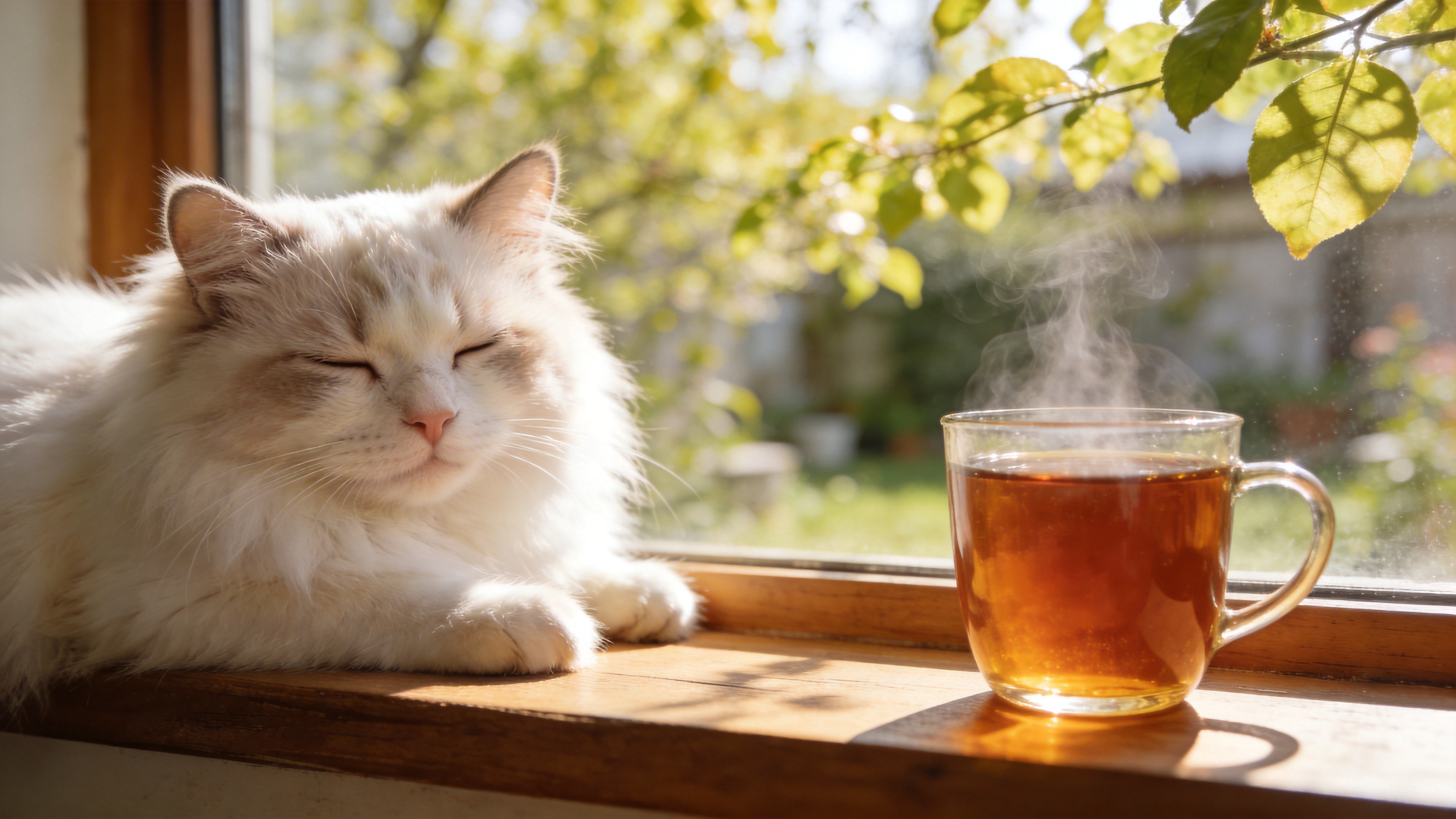 一只毛茸茸的布偶猫正趴在窗台上，窗外是春日午后的庭院，阳光透过嫩绿的树叶洒在猫咪雪白的毛发上，形成斑驳的光影，猫咪眯着眼睛，神情慵懒惬意，旁边放着一杯冒着热气的红茶。

日系清新摄影，F1.8大光圈虚化背景，暖色调，胶片颗粒感，过曝一点点的高光，柔和的自然光，治愈系氛围，佳能EOS R5拍摄。
