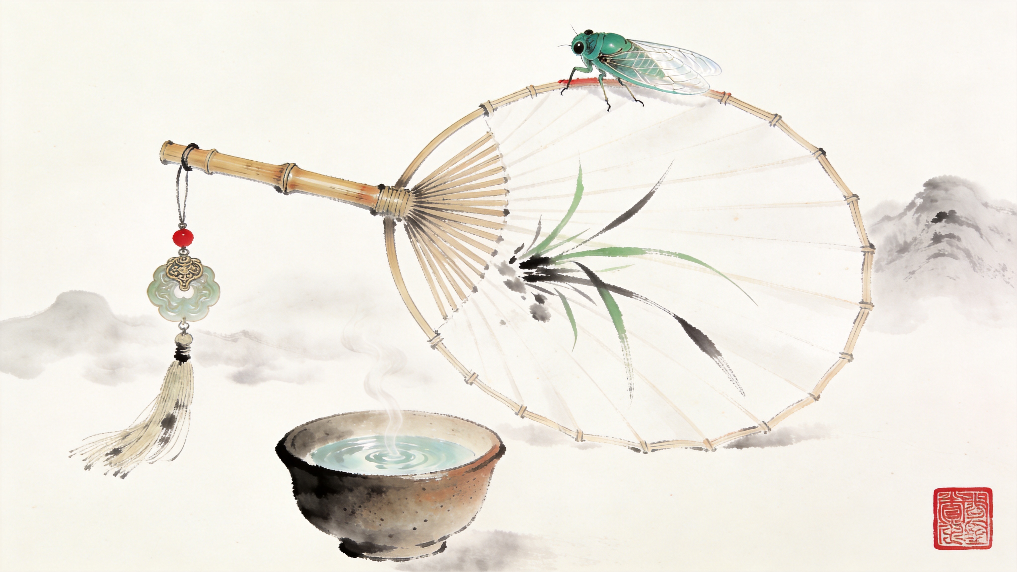 这是一幅充满禅意的国风水墨特写，描绘了夏至时节的清凉一角。画面主体是一把半展开的斑竹折扇，扇面洁白如雪，上面用极淡的墨迹绘着几笔兰草。扇柄上挂着一枚精致的古玉佩和一缕流苏。一只通体碧绿、翅膀透明的蝉正停在扇骨的最上端，似乎在休憩。扇子下方是一个粗陶茶盏，盏中茶汤清澈，热气袅袅上升，与背景中若隐若现的远山云雾融为一体。背景是大面积的留白，仅在右下角有一方朱红色的印章。

新中式水墨风格，结合了传统工笔与写意技法。色彩淡雅，以墨色为主，点缀朱红和翠绿。注重留白的意境，笔触细腻而有力。光影柔和自然，强调纸质和竹质的纹理感。整体构图疏朗有致，传达出一种宁静致远、清凉避暑的东方美学意境。