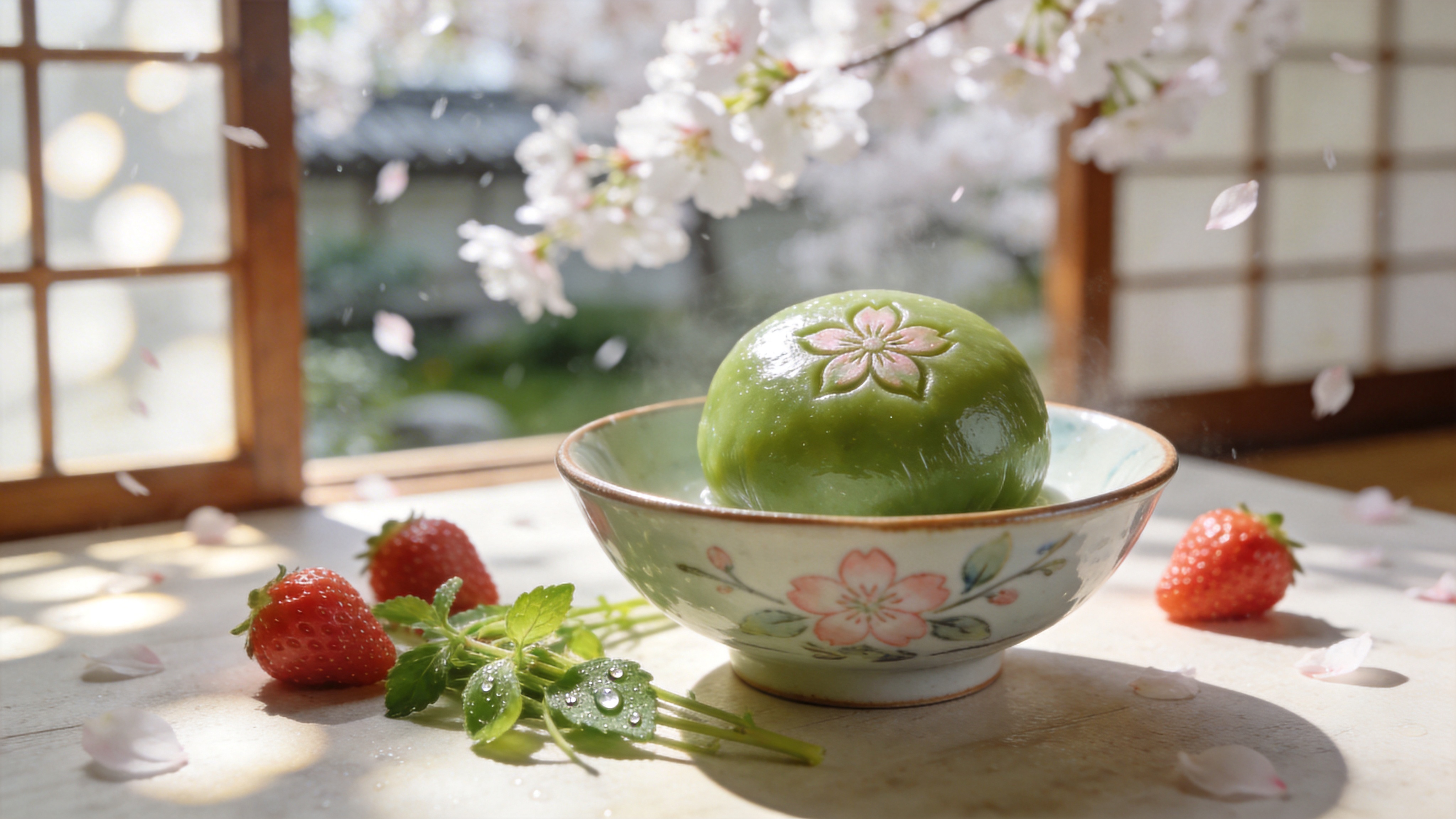 近景特写，一只精致的陶瓷手绘碗中盛着刚出锅的春日限定美食——青团。青团表皮油润透亮，呈现出鲜嫩的艾草绿色，上面印着精致的樱花瓣压纹。旁边散落着几颗新鲜的草莓和一把带有露水的艾草嫩叶作为点缀。背景是虚化的日式庭院，透过木格栅可以看到窗外盛开的白色樱花雨，阳光透过花瓣洒在桌面上，形成斑驳而温暖的光斑，营造出一种宁静、治愈的下午茶时光。

日系清新摄影风格，类似于美食杂志大片。采用自然光照明，色温偏暖，强调高光和阴影的柔和过渡。色彩以低饱和度的莫兰迪绿和奶油白为主，画面干净通透。景深较浅，焦点清晰集中在青团的质感上，背景呈现奶油般的光斑虚化，整体给人一种清新、自然、食欲满满的感觉。