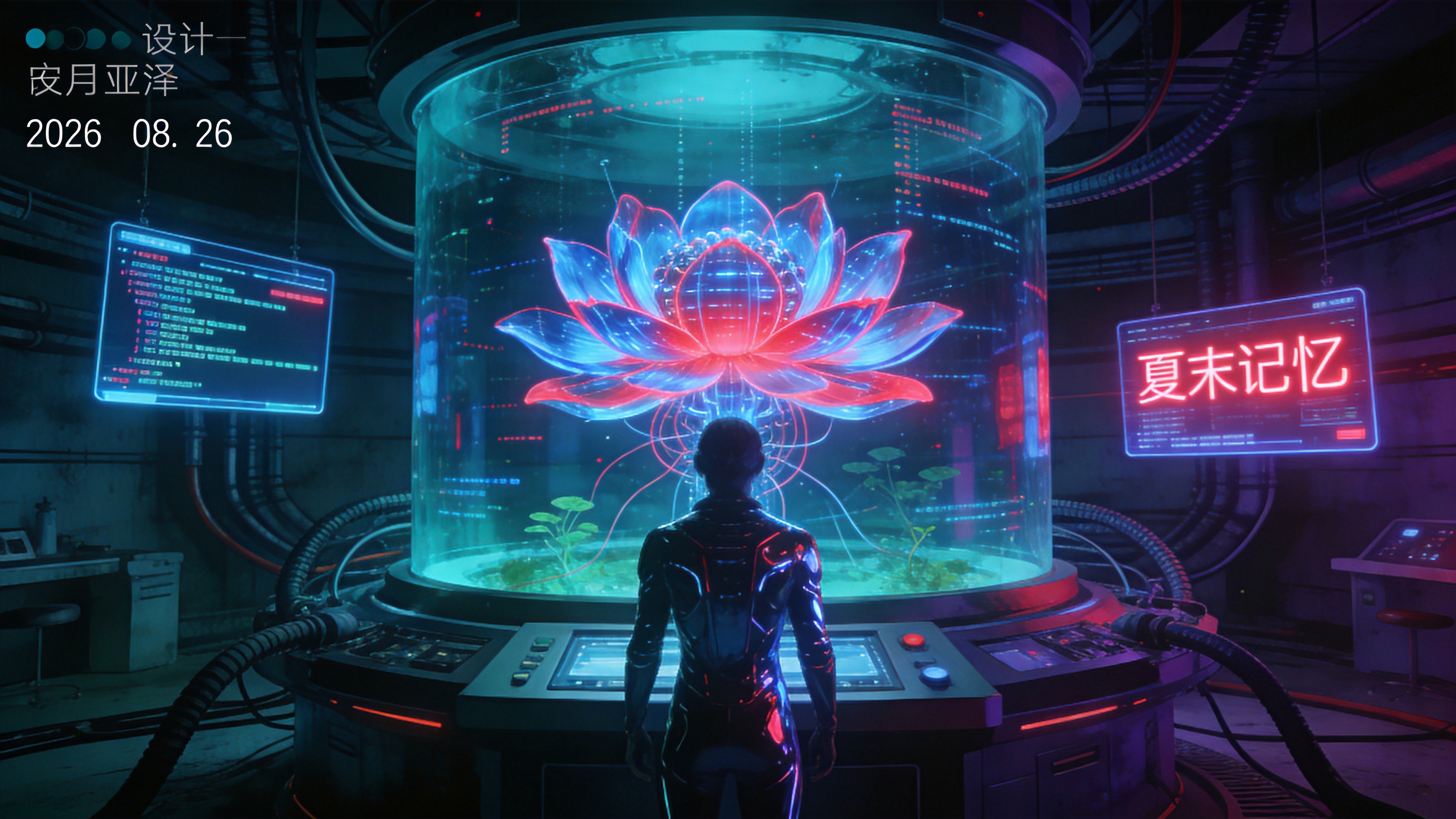 一个充满未来感的赛博朋克地下实验室，时间是2026年8月26日的深夜。中央是一个巨大的透明培养槽，里面悬浮着一朵由全息数据流构成的机械莲花，莲花瓣正在缓缓绽放，散发出幽蓝与洋红交织的霓虹光芒。周围布满了复杂的管线和悬浮的显示屏，屏幕上跳动着关于“夏末记忆”的代码。一个身穿反光材质紧身衣的背影正站在控制台前，似乎在与这朵数字莲花进行神经连接，充满神秘与科技冷峻感。

高精度概念艺术与科幻插画风格，受《银翼杀手2049》美学启发。采用冷色调为主（青色、深紫），辅以高饱和度的霓虹暖色点缀。强调体积光、辉光效果和金属反射质感。画面锐度极高，细节丰富，具有强烈的视觉冲击力和3D渲染般的真实感。
